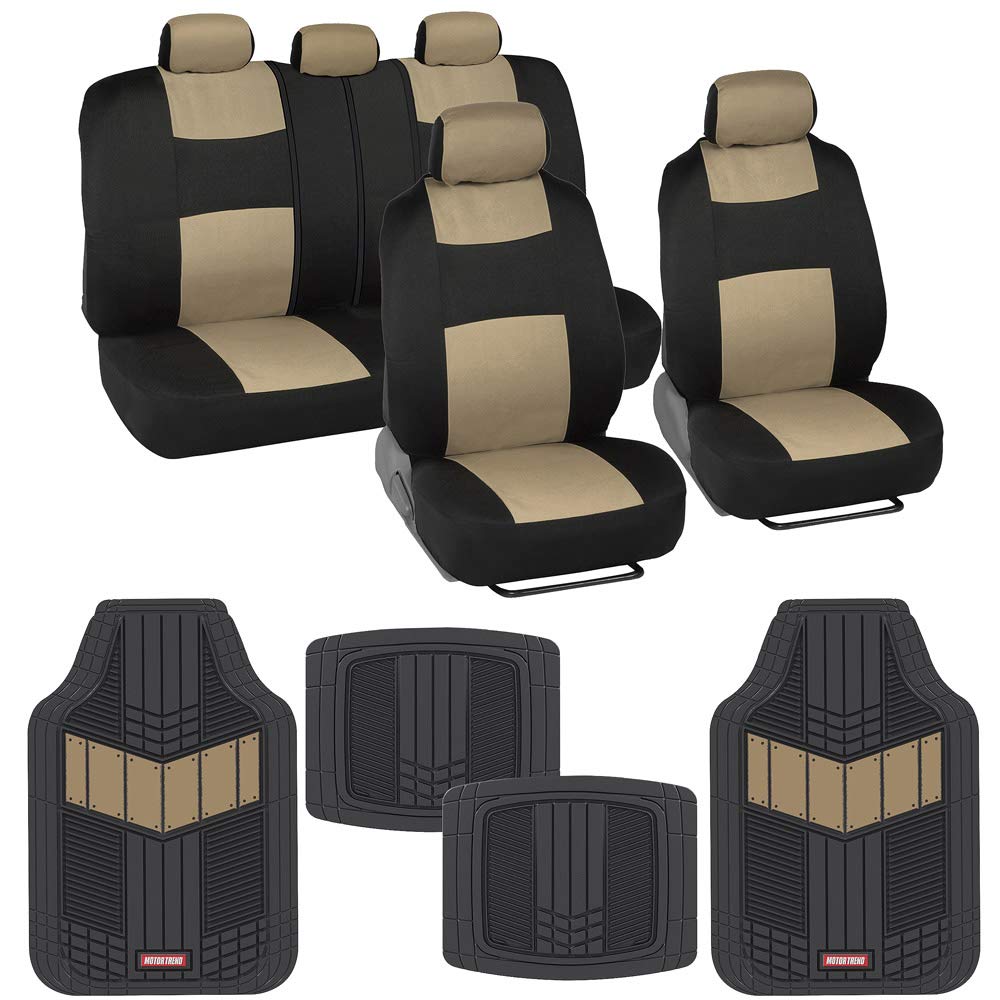 BDK Two-Tone PolyPro Car Seat Covers Full Set with Heavy Duty Rubber Floor Mats - Black & Beige Interior Protection for Cars, Trucks, Vans & SUVs | Waterproof, Durable & Easy to Clean for Daily Commute & Family Road Trips