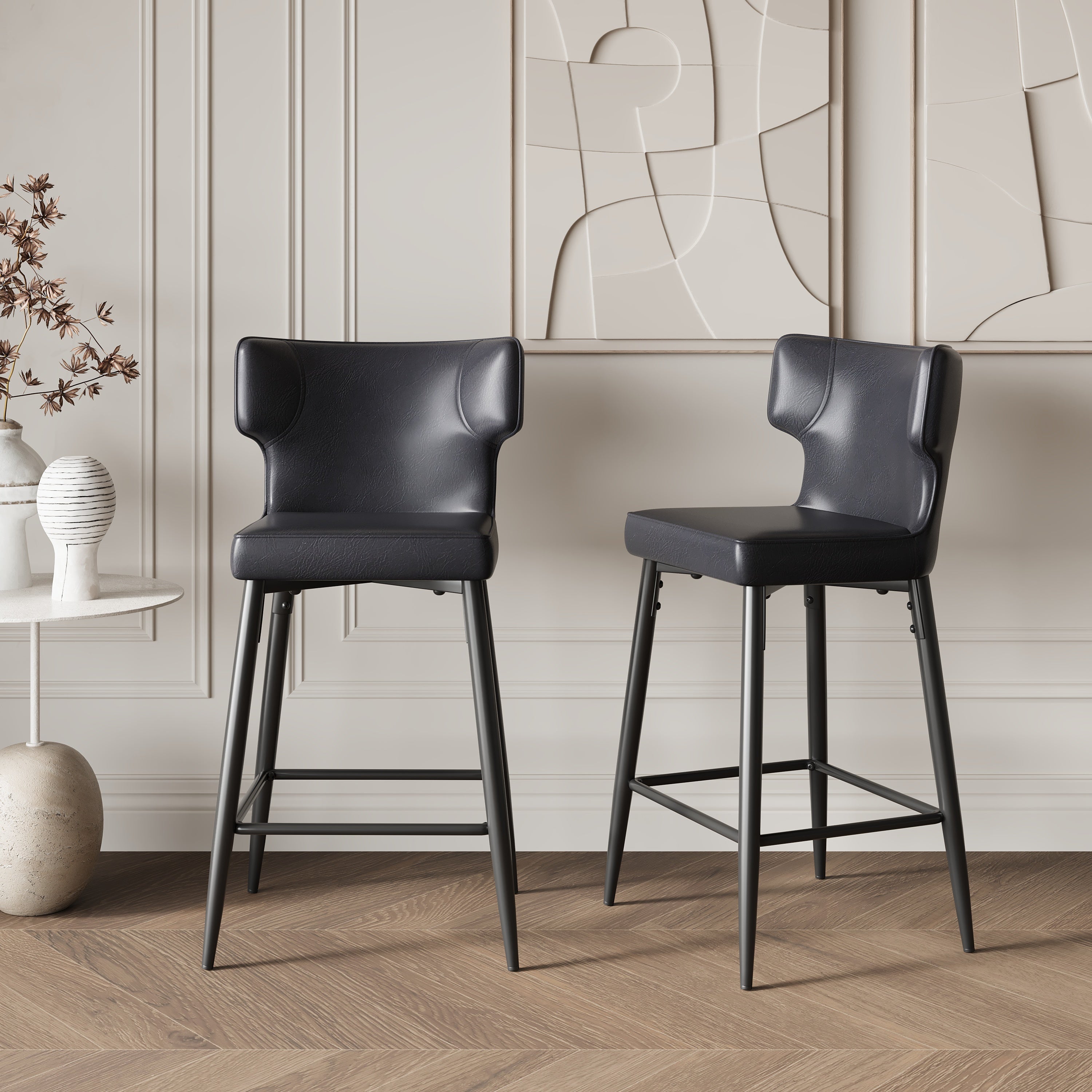 28 Inch Counter Height Bar Stools Set of 2 - Modern PU Leather Upholstered Bar Chairs with Metal Footrest & Sturdy Frame for Kitchen Island, Breakfast Bar, Dining Room - Black - Perfect for Entertaining, Small Spaces & Contemporary Home Decor