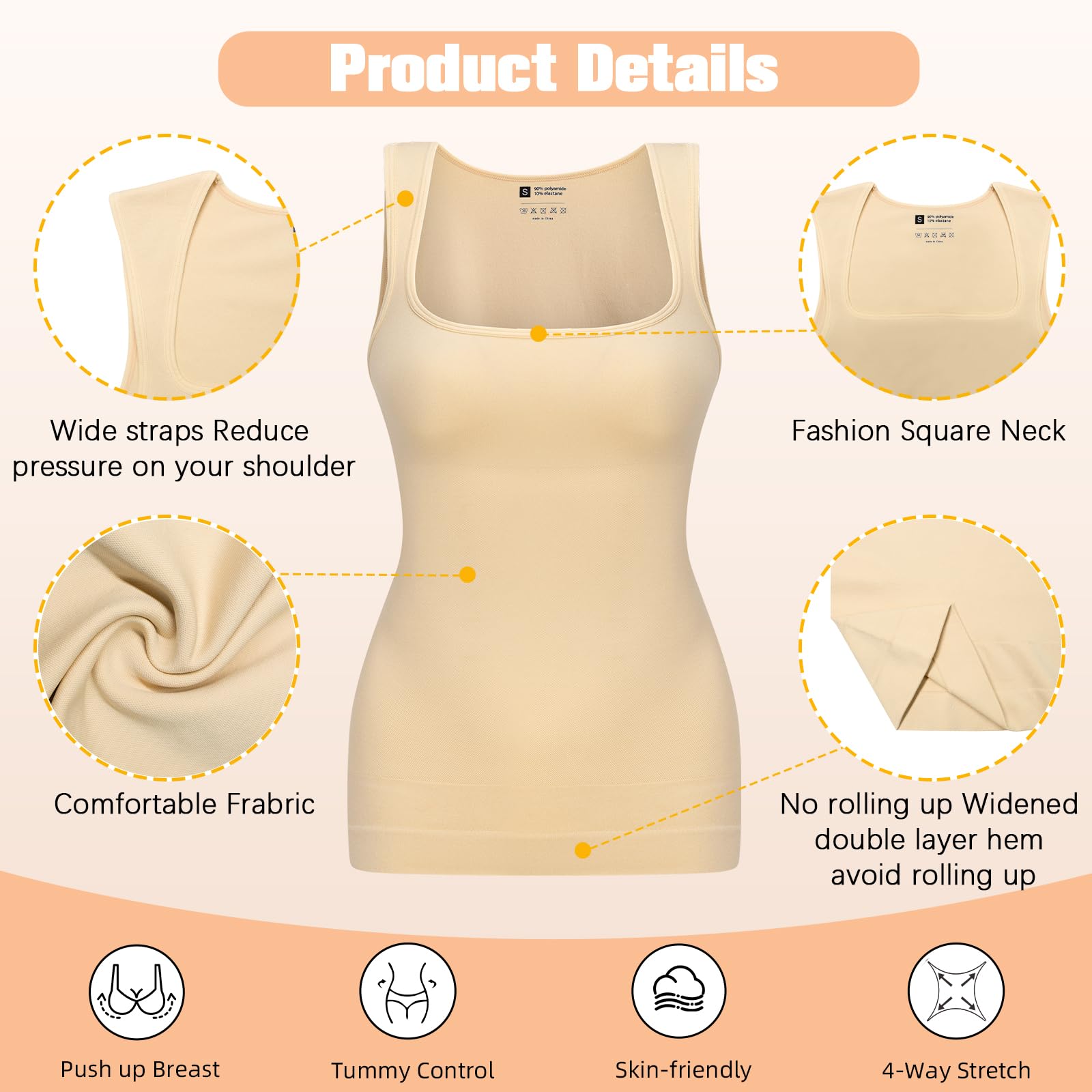 Women's Tummy Control Shapewear - Seamless Compression Tank Top with Square Neck for Slimming & Smoothing | Perfect for Everyday Wear, Layering & Special Occasions