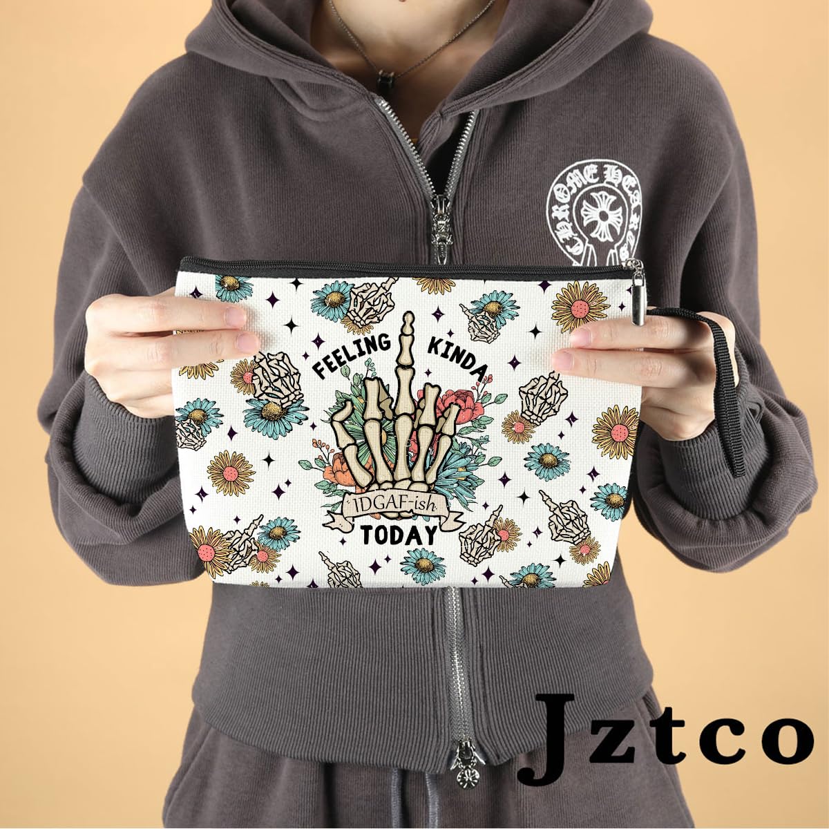 Jztco Funny Skull Makeup Bag - Skeleton Cosmetic Pouch for Women, Her, Mom, Wife, Best Friend, Daughter, Aunt, Niece - Humorous Toiletry Bag for Mother's Day, Graduation, Birthday Gifts - Floral Design - Perfect for Travel, Gym & Daily Makeup Storage