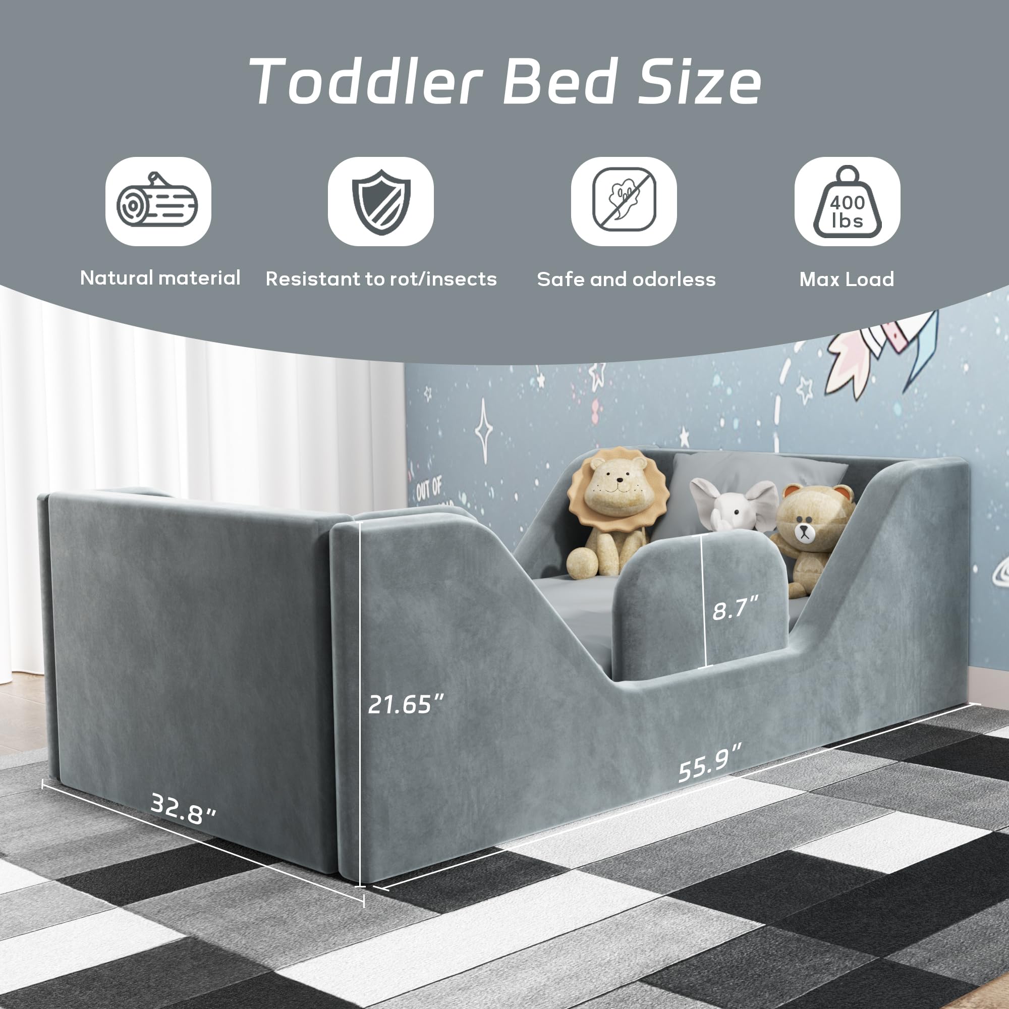 Toddler Floor Bed Frame with Guard Rails - Safe & Sturdy Small Bed for Kids Boys & Girls (Ages 2-6) | Certified Fabric Toddler Bed in Grey | Perfect for Montessori Bedrooms, Daycare Centers & Cozy Kids' Rooms