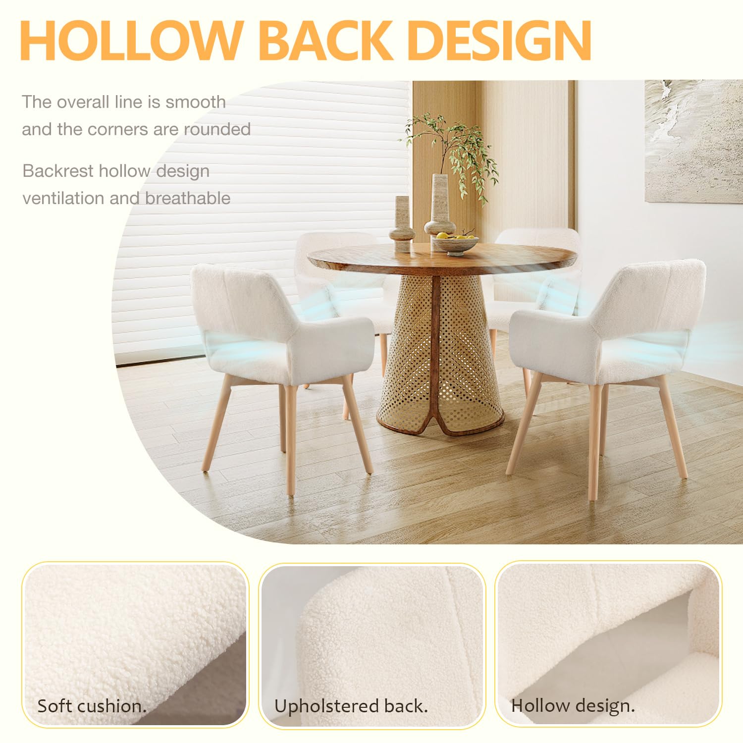 Mid Century Modern Dining Chairs Set of 2, 4, 6 - Upholstered Accent Chairs for Kitchen, Dining Room & Living Room - Comfy Wool White Armchairs for Home, Bedroom, Office & Waiting Room - No Wheels Desk Chair - Perfect for Entertaining, Relaxing & Workspaces