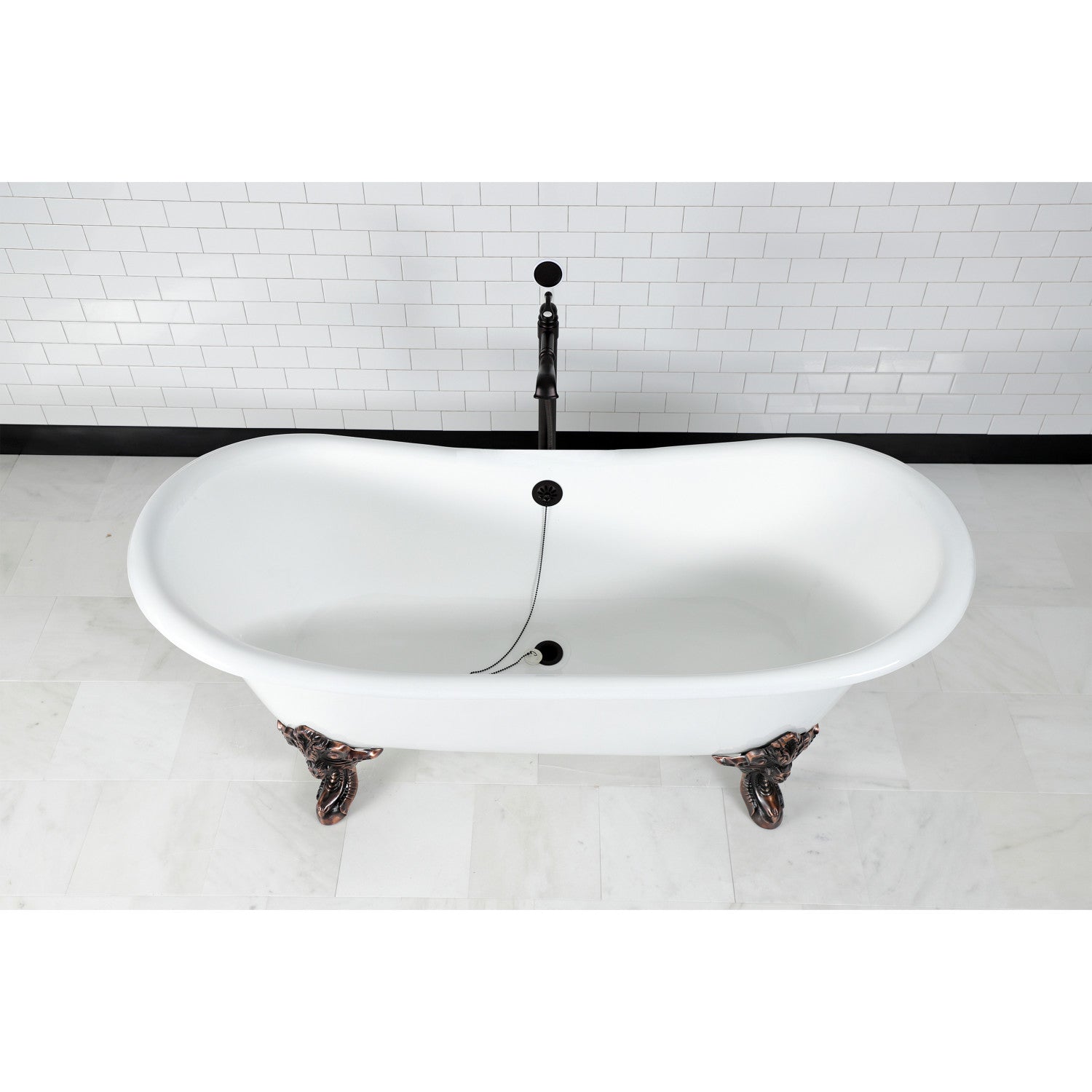 Aqua Eden 72 Inch Cast Iron Oval Double Slipper Clawfoot Bathtub - No Faucet Drillings, White & Oil Rubbed Bronze Finish | Vintage Freestanding Soaking Tub for Bathroom & Spa Relaxation