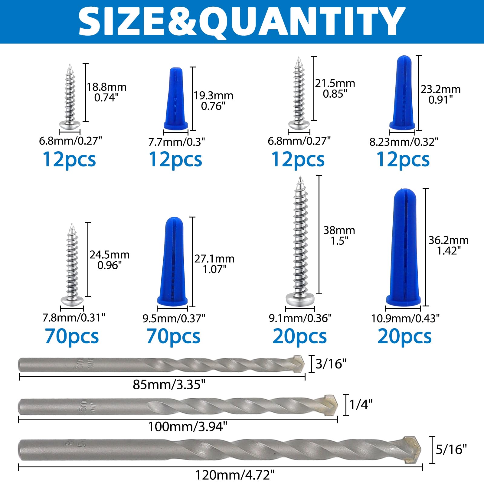 228 Pcs Concrete Wall Anchors Kit with Screws & Drill Bits - Heavy Duty Masonry Anchors for Brick Walls - Includes 114 Self Tapping Screws & 3 Drill Bits (Blue) - Perfect for Hanging Shelves, TVs & Home Decor