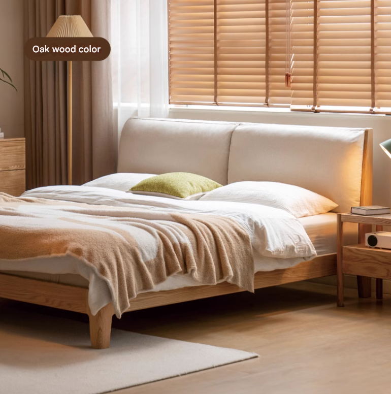Solid Oak Wood Bed Frame with Soft Fabric Upholstered Headboard - Queen Size, Modern Minimalist Design for Bedroom, Guest Room, or Dorm