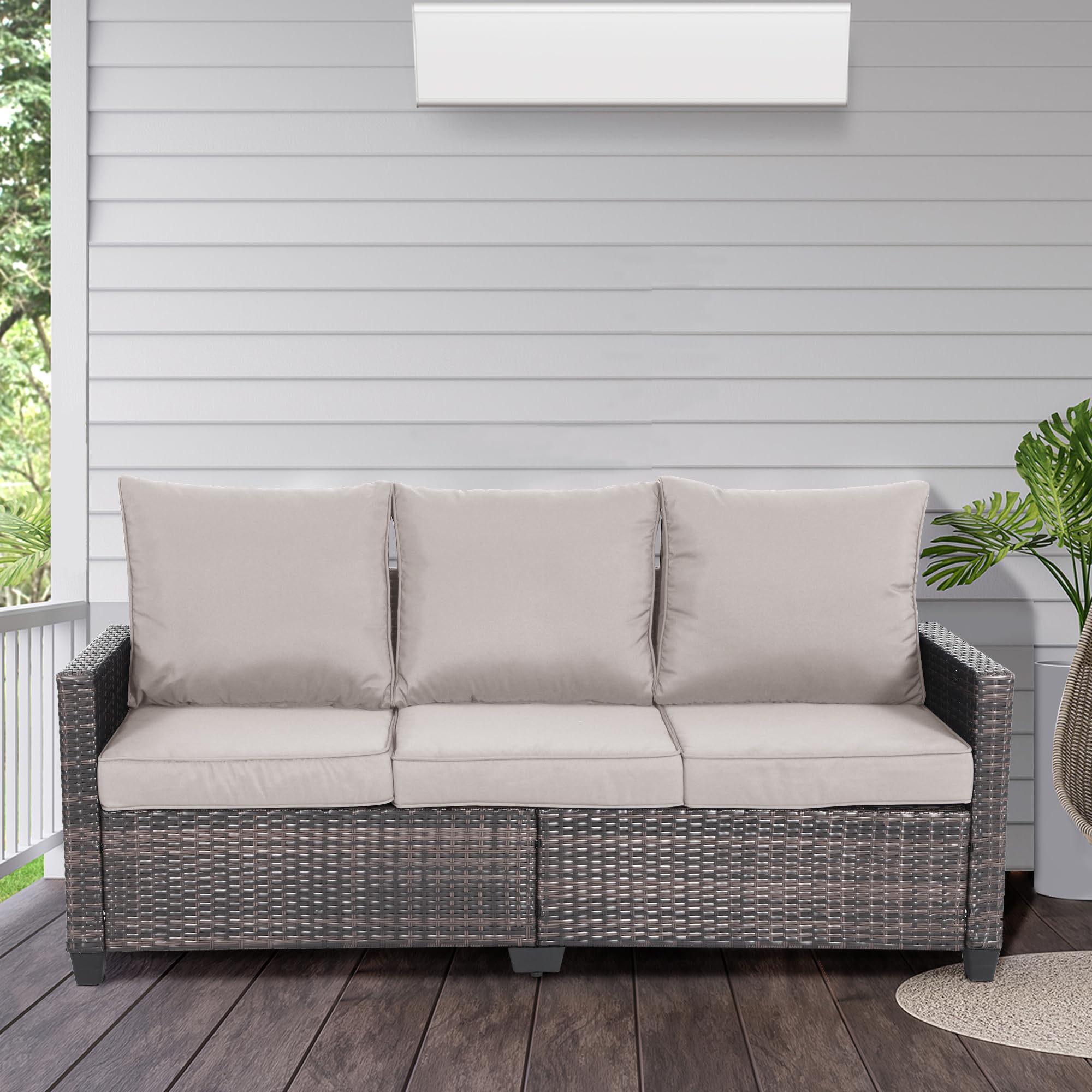 All Weather Wicker Patio Couch - 3-Seater Outdoor Sofa with High Curved Back, Durable Brown Rattan & Thick Cushions - Perfect for Garden, Backyard, Porch, Poolside & Patio Furniture (Beige)
