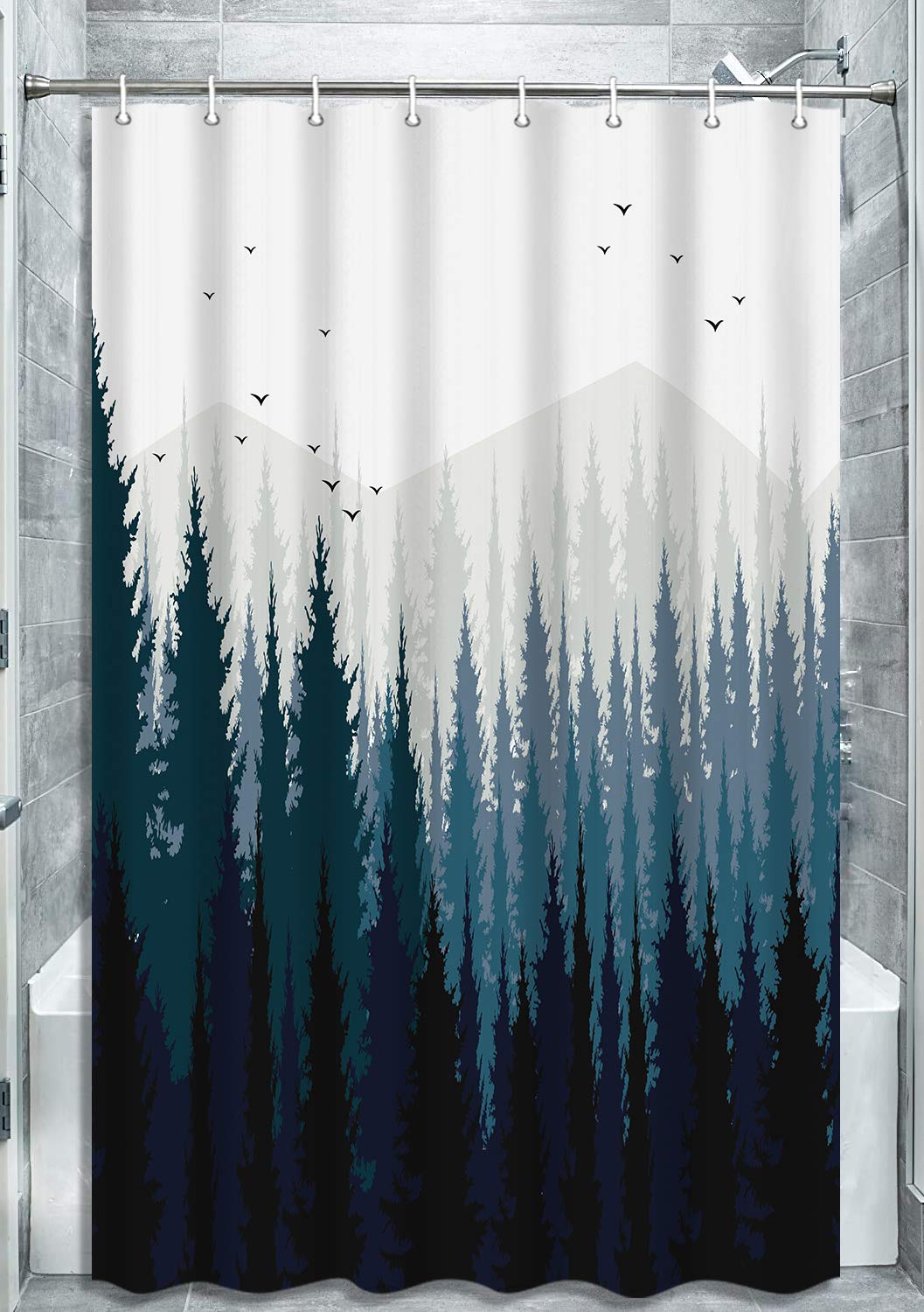 RV Camper Shower Curtain Set - 47x64 Inch Nature Mountain Tree Rustic Forest Design for Travel Trailers & Happy Cabin Camping - Waterproof Fabric Bathroom Decor with Hooks | Perfect for RV Bathrooms, Tiny Homes & Outdoor Adventures