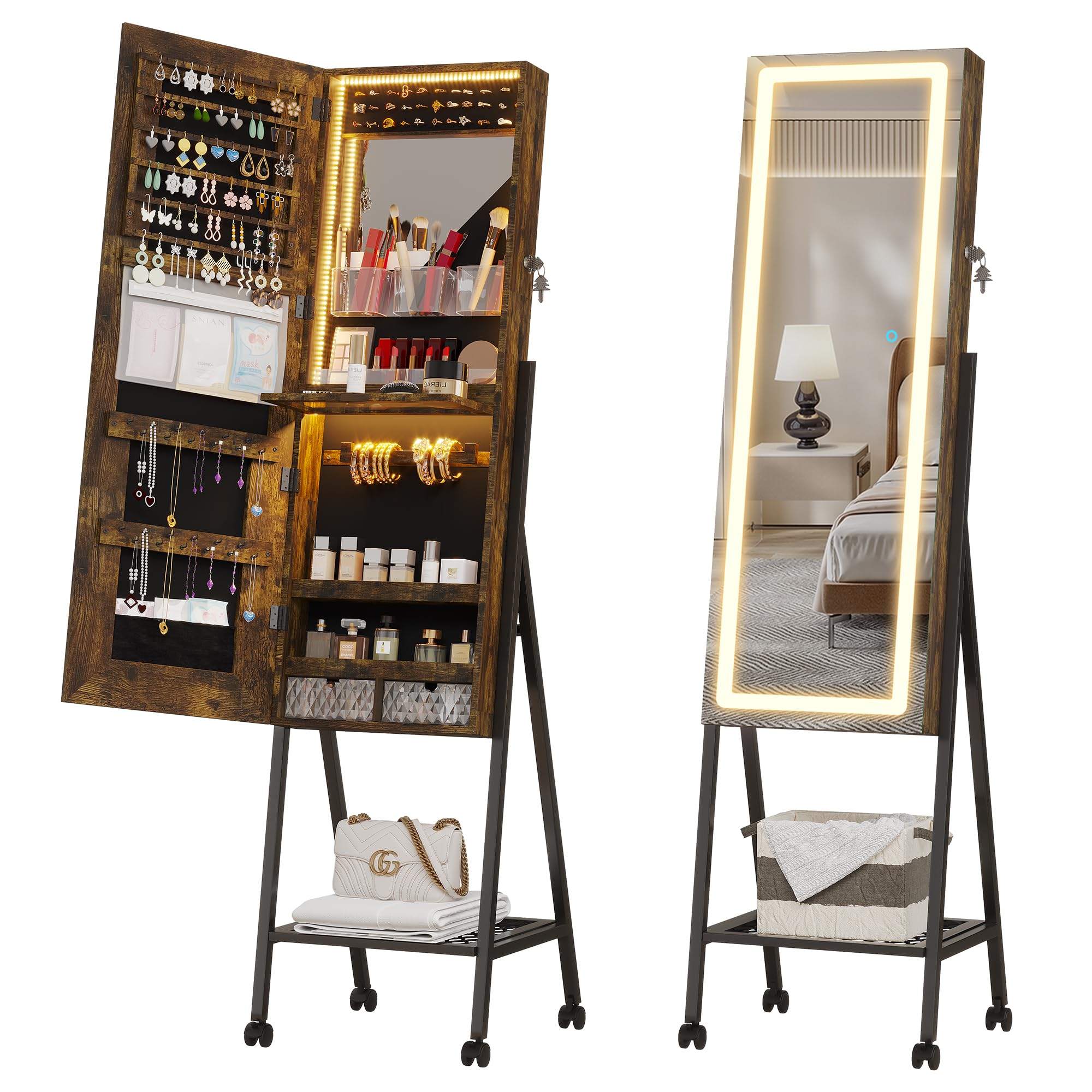 Full-Length LED Standing Mirror with Jewelry Storage - Smart Touch Control, 6 Color Lighting, Lockable Cabinet & Removable Wheels - Perfect for Bedroom, Dressing Room & Vanity Organization