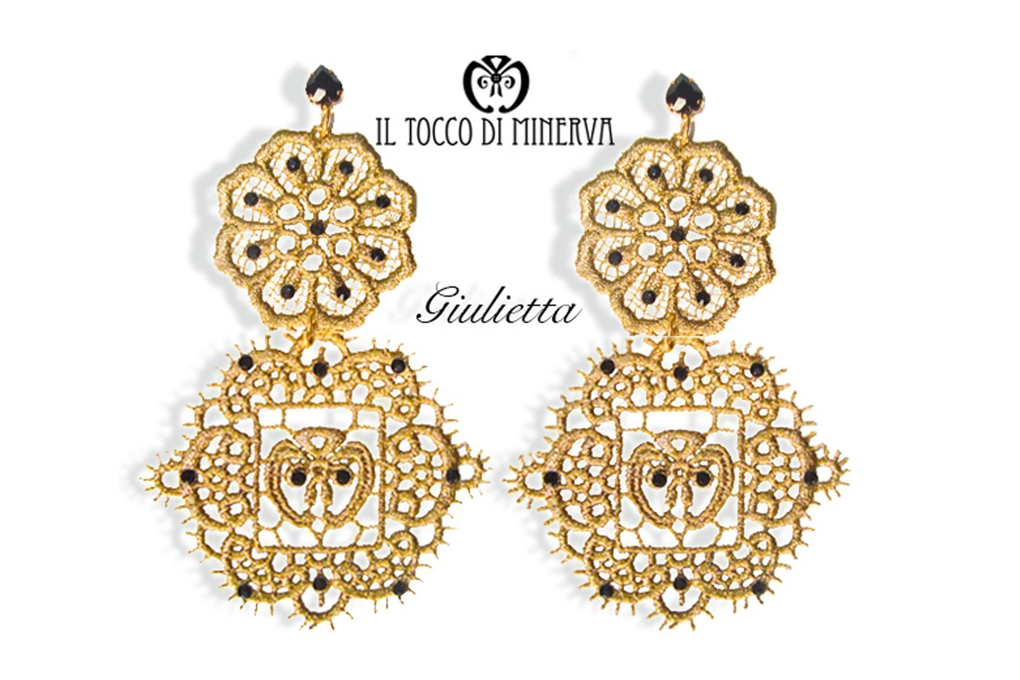 Handmade Italian Lace Earrings with Swarovski Crystals - Old Gold & Black Giulietta Style - Artisan Jewelry for Women - Unique Christmas Gifts for Her - Perfect for Weddings, Parties & Special Occasions