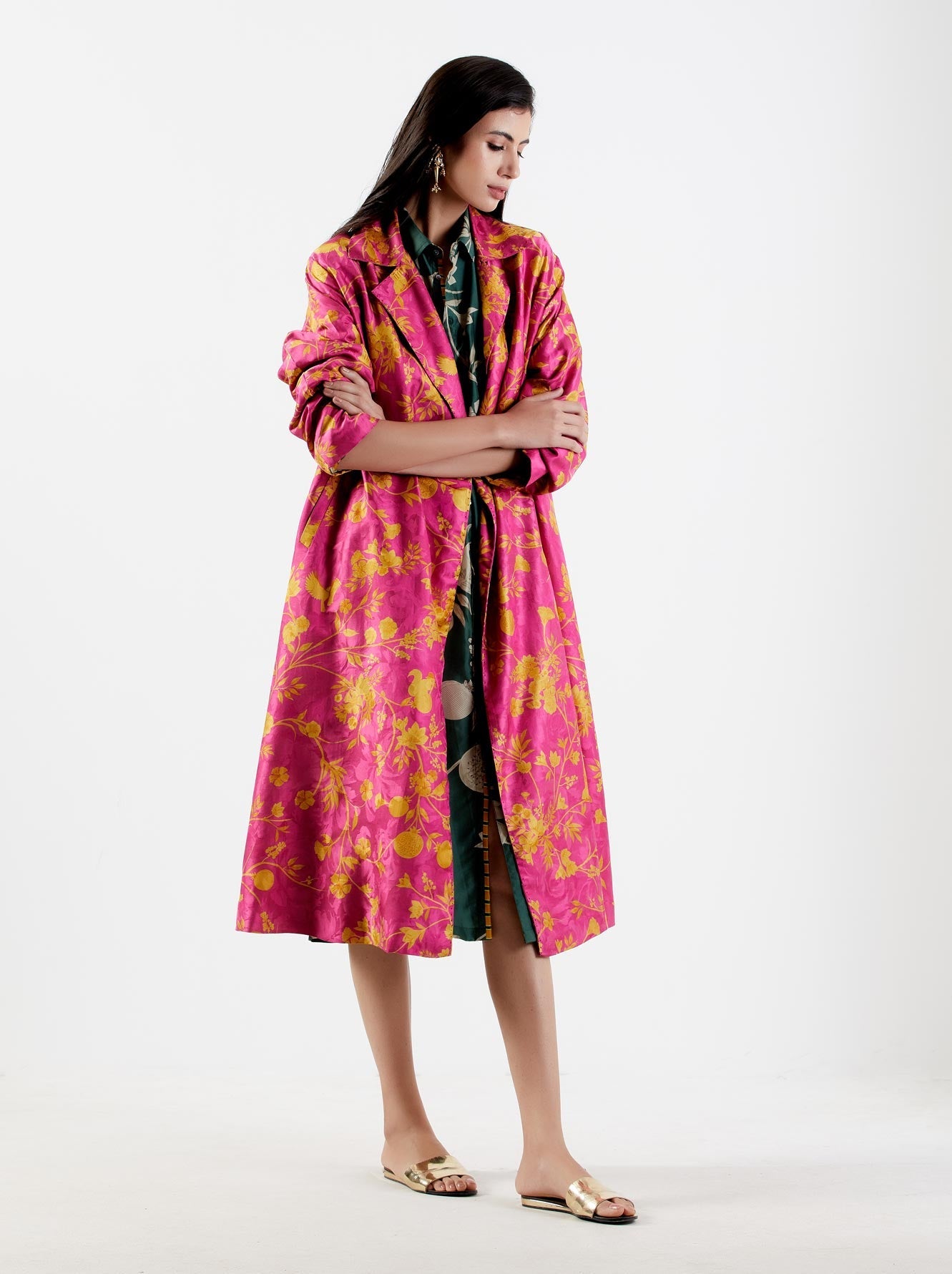 Luxury Long Silk Damask Coat for Women - Elegant Rani Style Outerwear for Formal Events & Evening Occasions