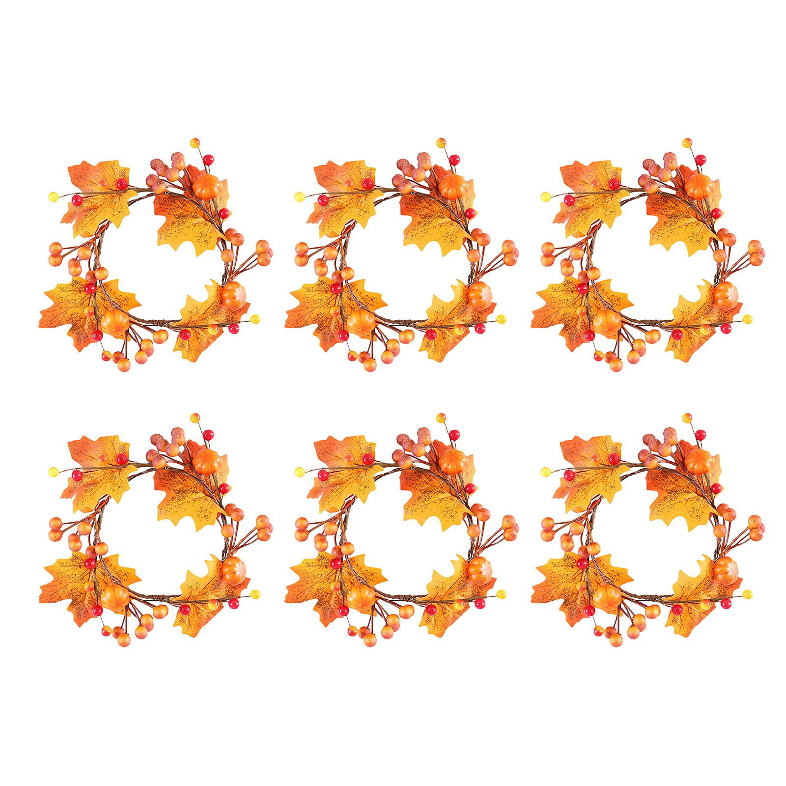 MSUIINT 6-Pack Fall Maple Leaf Candle Rings - 4.7 Inch Artificial Pumpkin Leaf Candle Holder Wreaths with Berries for Halloween, Thanksgiving, Wedding & Party Decor - Perfect for Table Centerpieces, Fireplace Mantels and Seasonal Home Decoration