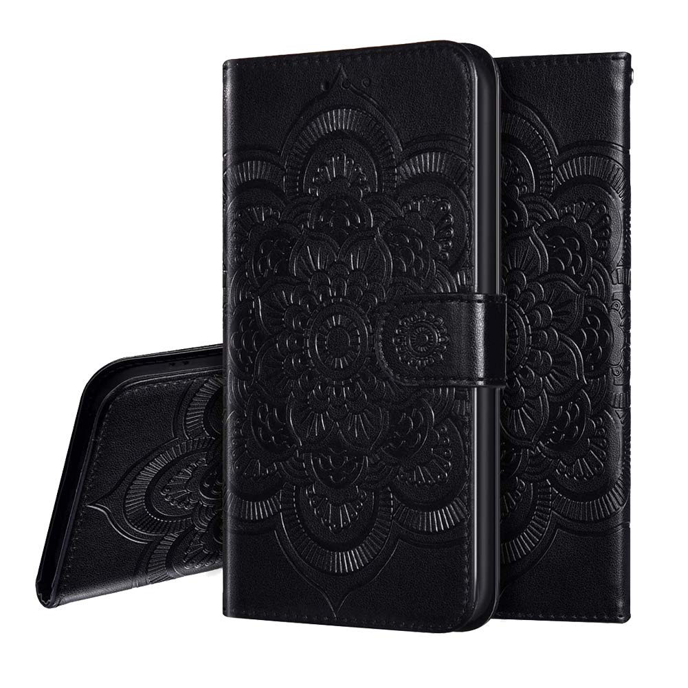 OOPKINS Samsung A02 Case PU Leather Mandala Embossed Flip Wallet Phone Cover with Card Slot & Magnetic Stand - Compatible with Samsung Galaxy M02 - Perfect for Work, Travel and Daily Protection (Black)