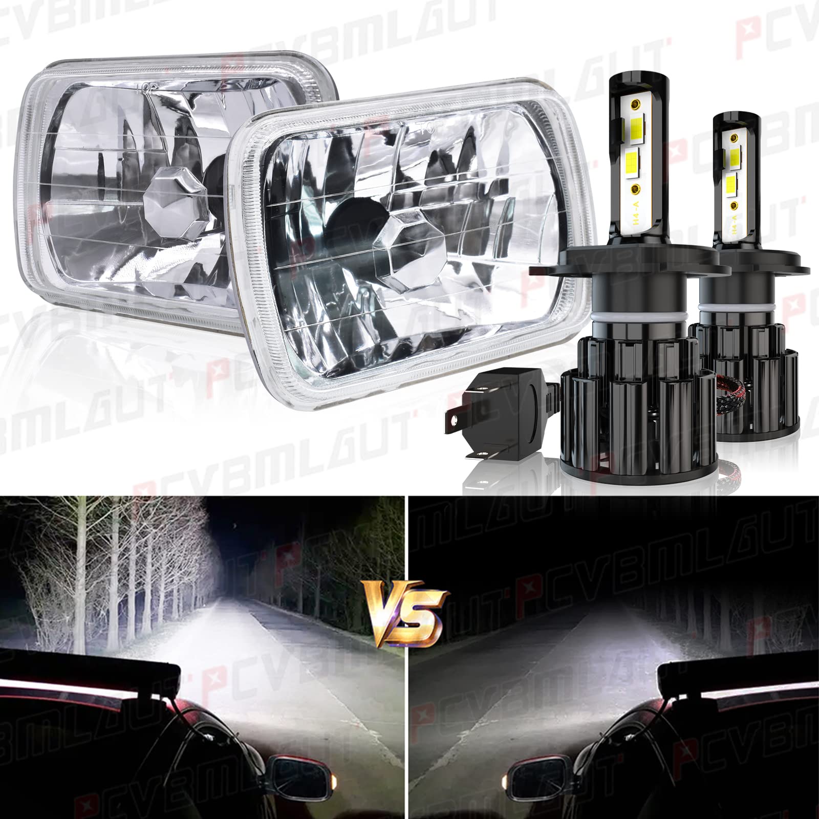 5x7 Inch H4 LED Headlight Kit - High & Low Beam Conversion, 60W 1000LM 6000K White Light, Super Bright with Glass Lens, Plug and Play - Perfect for Jeep Wrangler, Ford F150, Chevy Silverado & Off-Road Vehicles (Pack of 4)