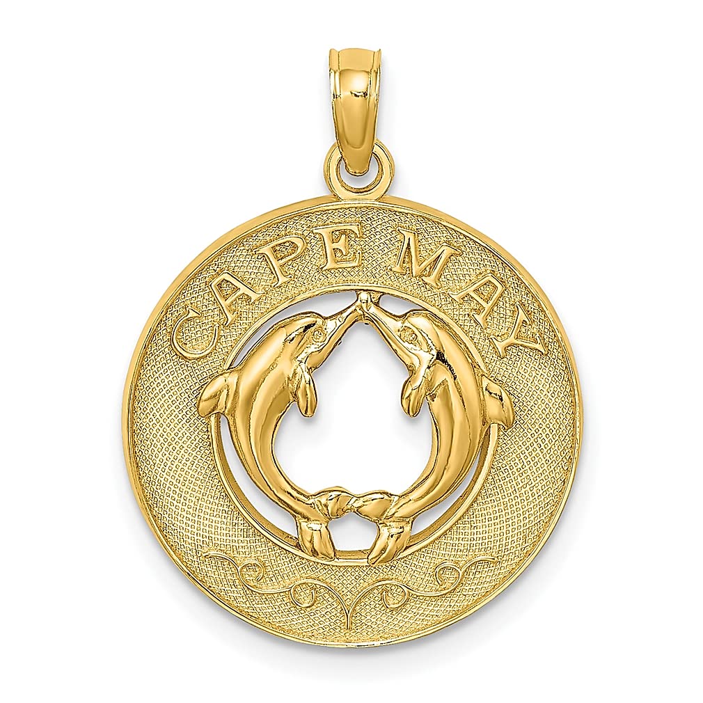 14K Yellow Gold Cape May Dolphins Charm Necklace Pendant - Elegant Travel & Transportation Jewelry for Women - Perfect Gift for Her - Ideal for Beach Vacations, Anniversary Celebrations and Birthday Presents