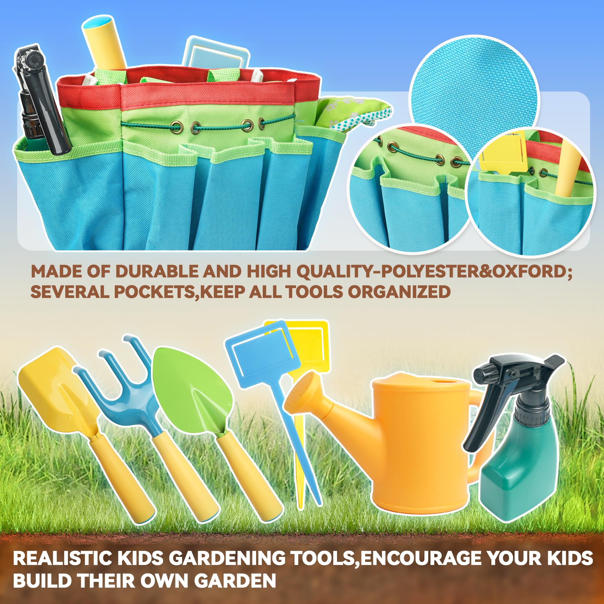 **Kids Gardening Tools Set - Toddler Gardening Kit with Shovel, Rake, Trowel, Apron, Tote Bag & Watering Can - Perfect Gardening Gift for Boys & Girls - Fun Outdoor Activity for Kids - JC1008**