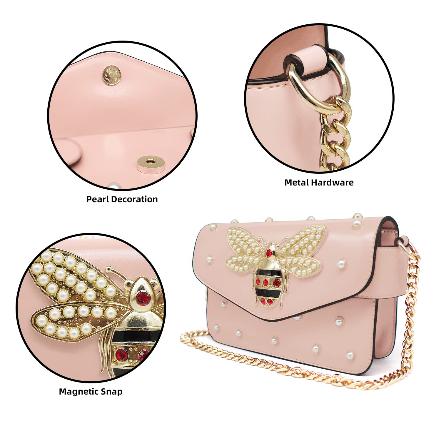 Designer Bee Crossbody Bag with Pearl - Women's PU Leather Clutch for Parties & Events
