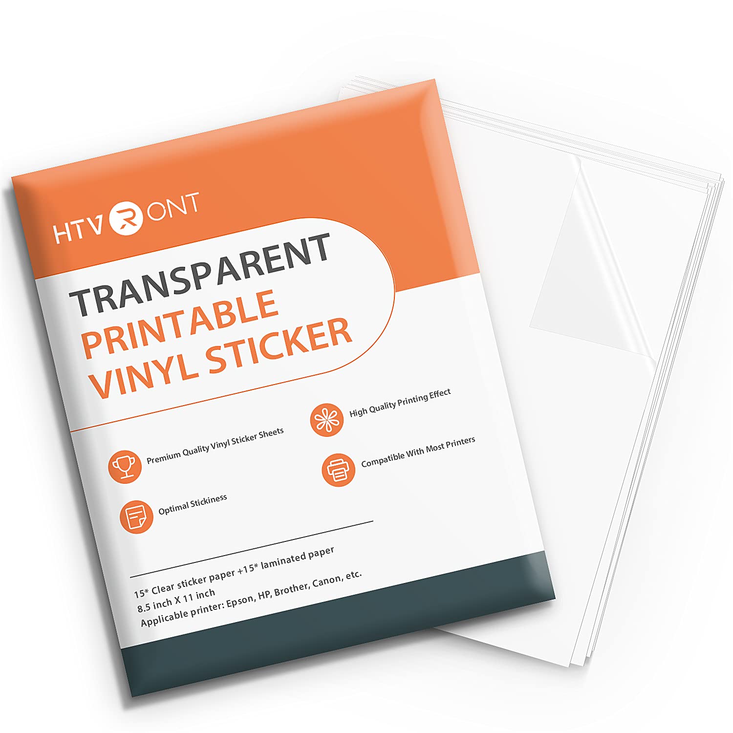 HTVRONT 30-Pack Clear Sticker Paper for Inkjet & Laser Printers - 15 Printable Vinyl Sheets & 15 Laminate Sheets (8.5