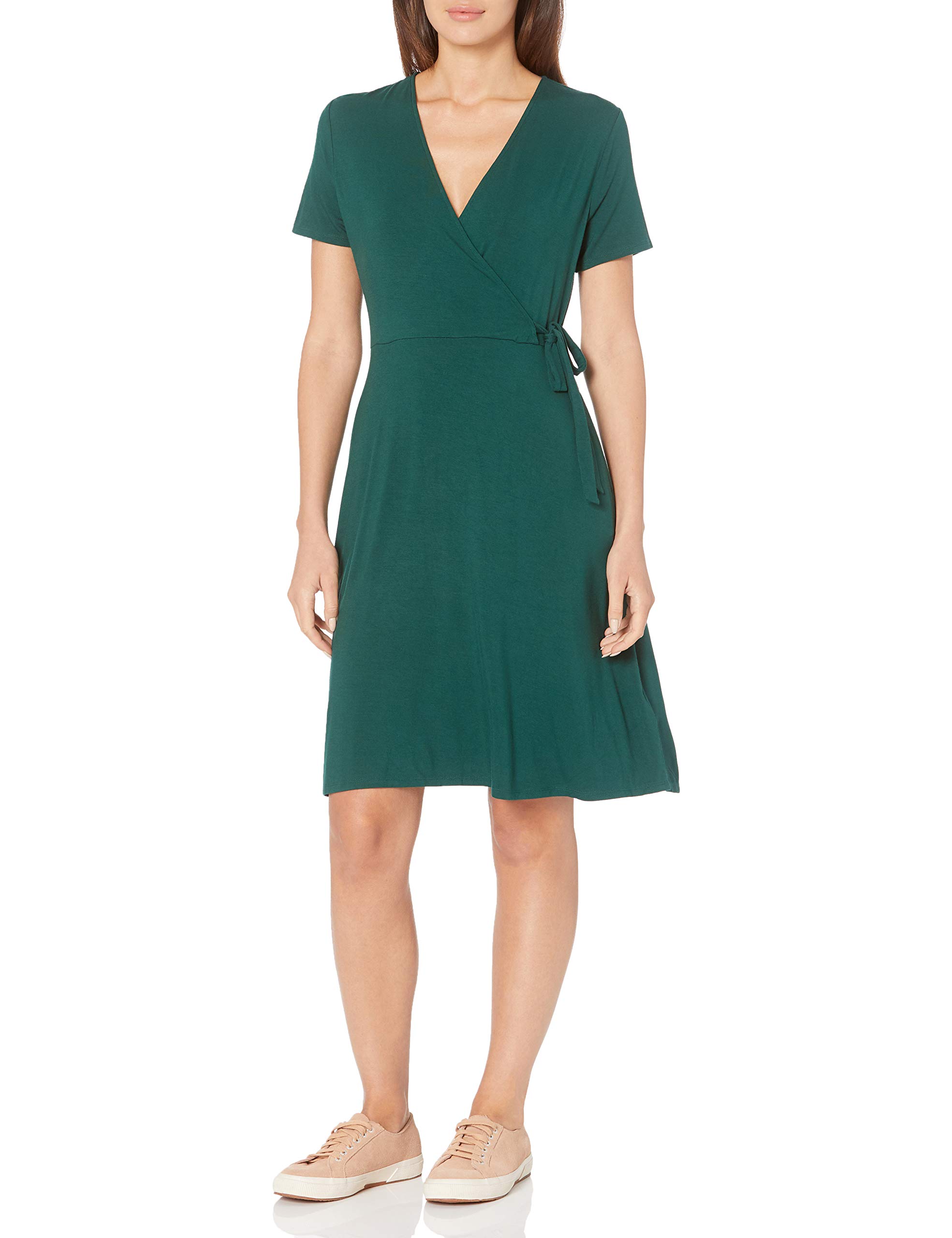 Amazon Essentials Women's Short Sleeve Faux-Wrap Dress - Flattering Casual & Office Wear for Women | Comfortable Stretch Fabric, Wrap V-Neck Design | Perfect for Work, Date Night & Summer Outings