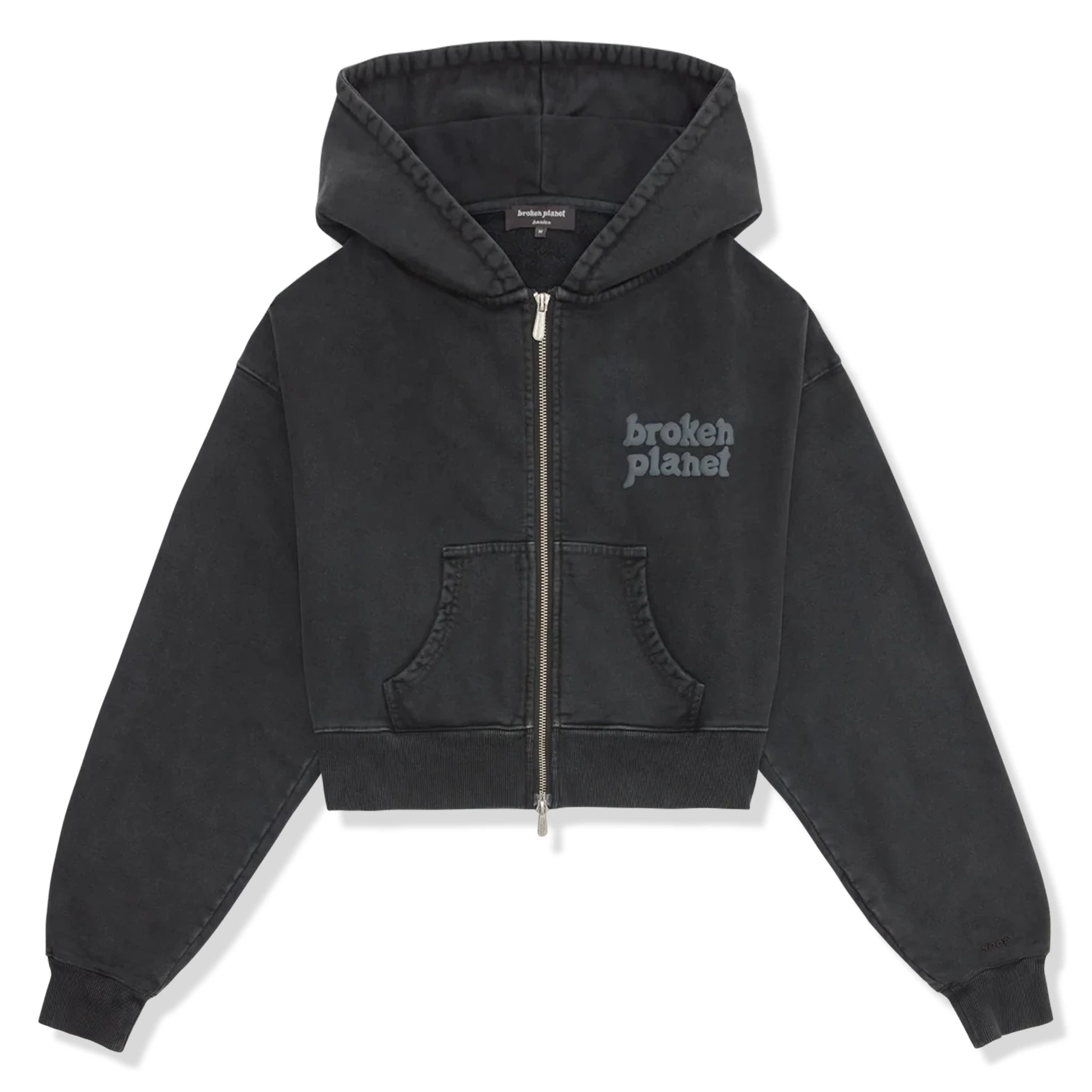Broken Planet Basics Washed Soot Black Cropped Zip Up Hoodie for Women | Streetwear Fashion | Casual Outfit & Gym Wear