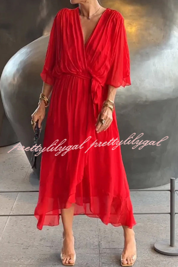 Elegant Solid Color V-Neck Batwing Sleeve Lace-Up Asymmetrical Hem Midi Dress for Women | Party, Cocktail, Wedding & Evening Occasions
