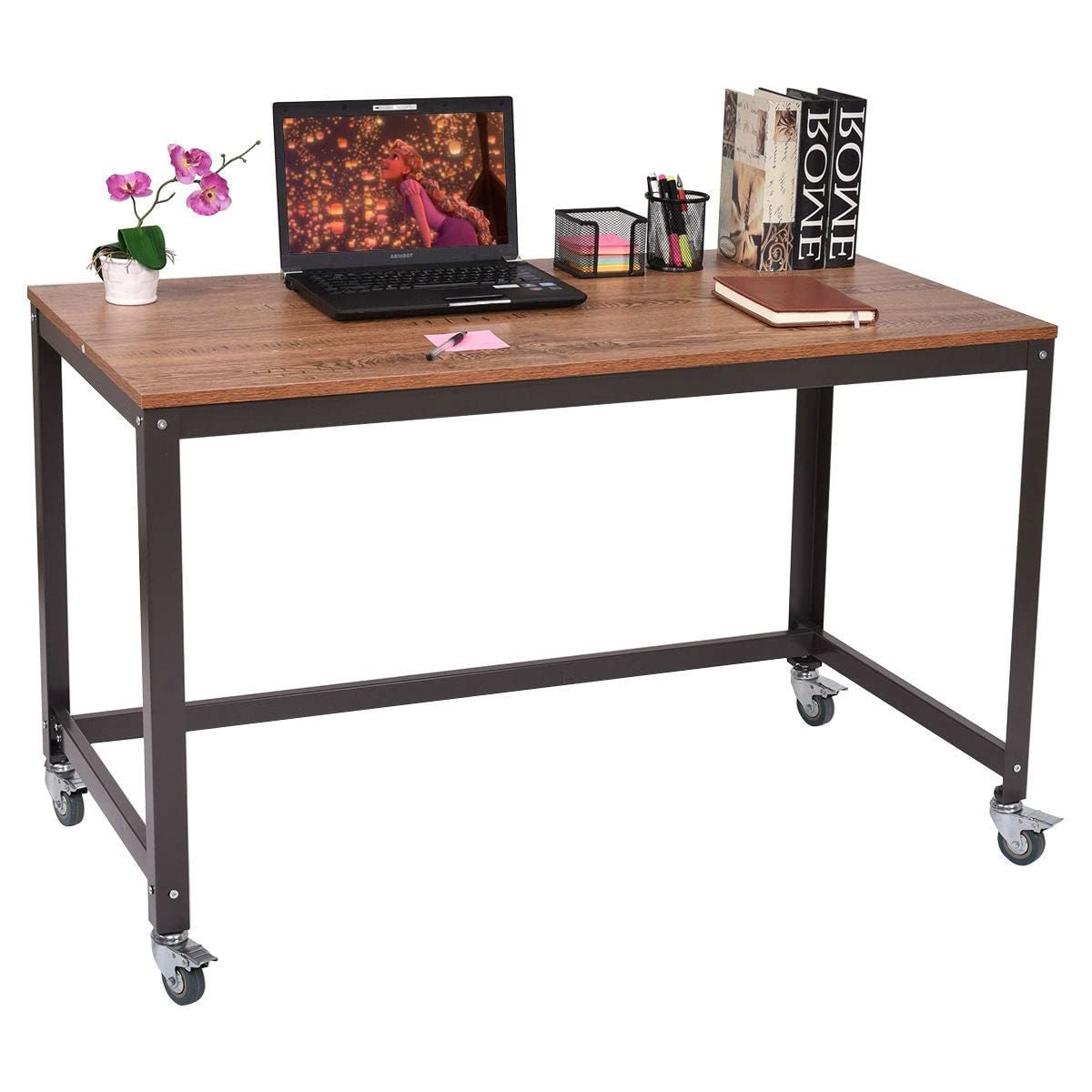 Industrial Modern Steel Frame Wood Top Computer Desk with Locking Wheels - Home Office Workstation, Gaming Desk & Study Table for Small Spaces