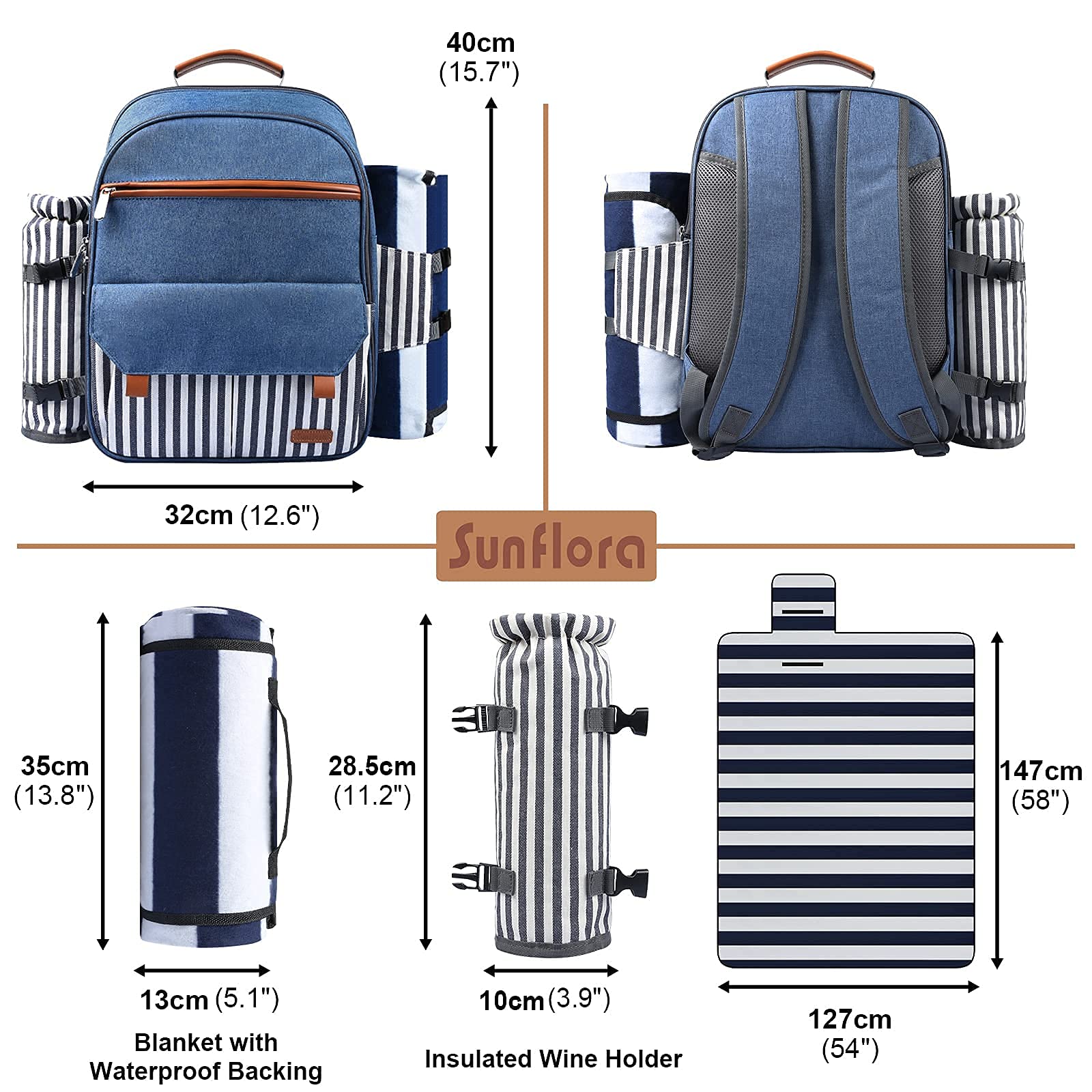 **Sunflora Insulated Picnic Backpack for 4 People – Portable Cooler Compartment, Durable & Spacious (Brush Beige & Blue Stripe) – Perfect for Beach Trips, Camping, and Outdoor Adventures**