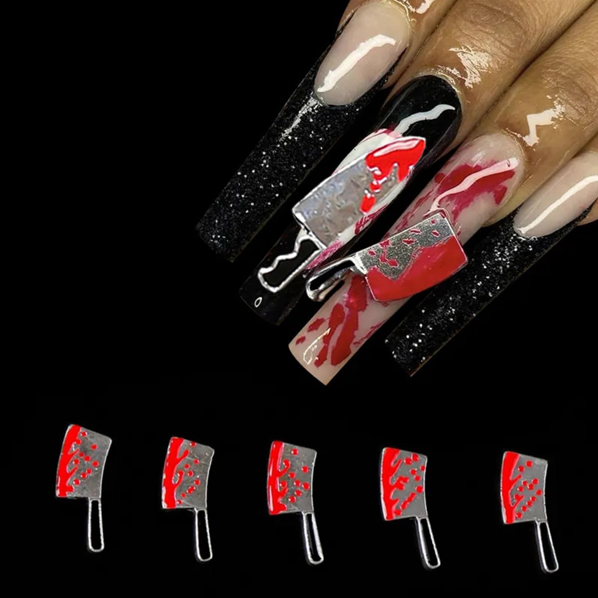 16Pcs 3D Metallic Silver Alloy Halloween Nail Charms - Knife-Shaped Nail Art Decorations with Rhinestones for Acrylic Nails, DIY Nail Accessories Jewelry - Perfect for Halloween Parties, Cosplay, and Gothic Nail Art Designs