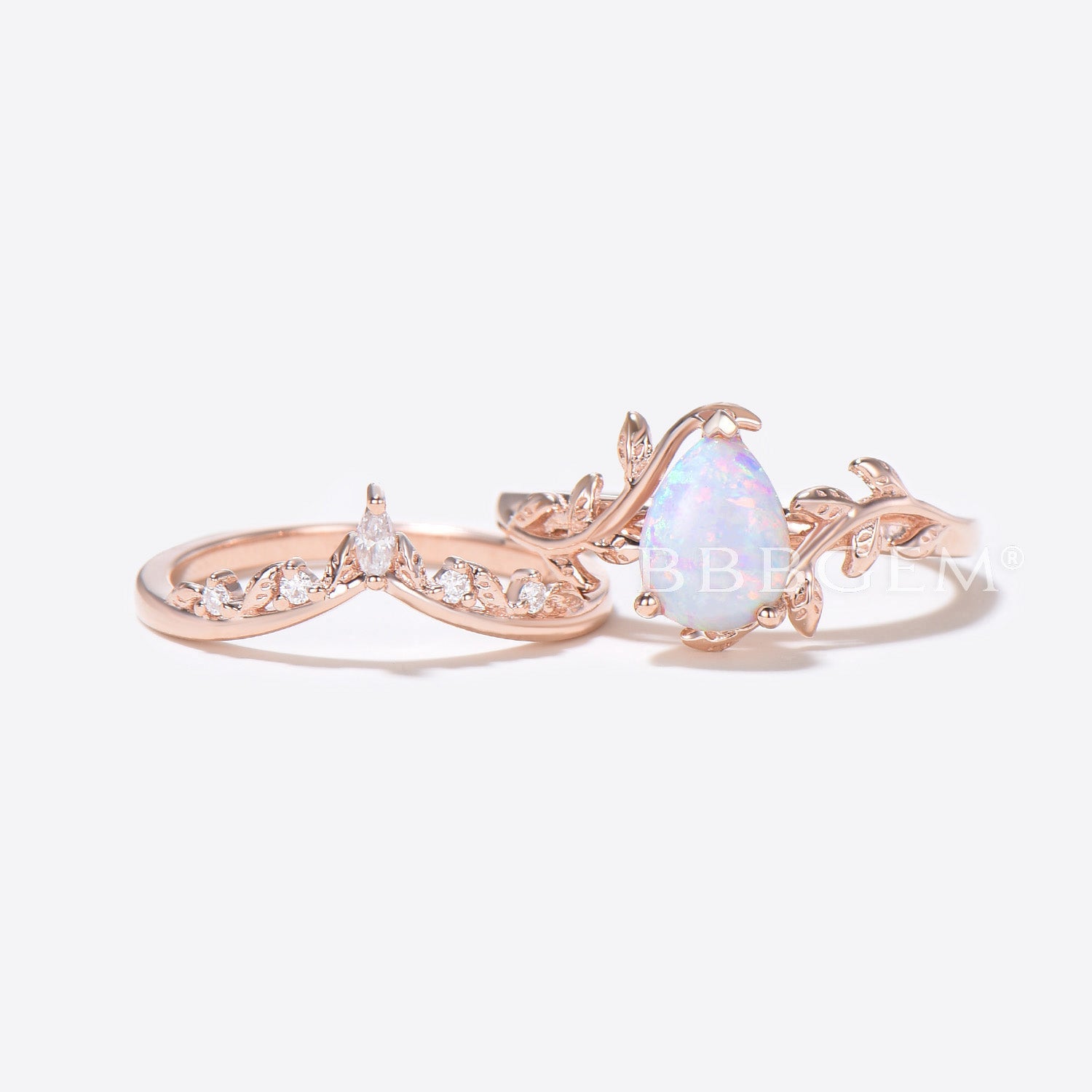 1.25ct Pear Shaped White Opal Diamond Twig Leaf Vine Engagement Ring Set - Elegant Wedding Band for Brides, Anniversary Gift for Her, Perfect for Proposals & Romantic Occasions