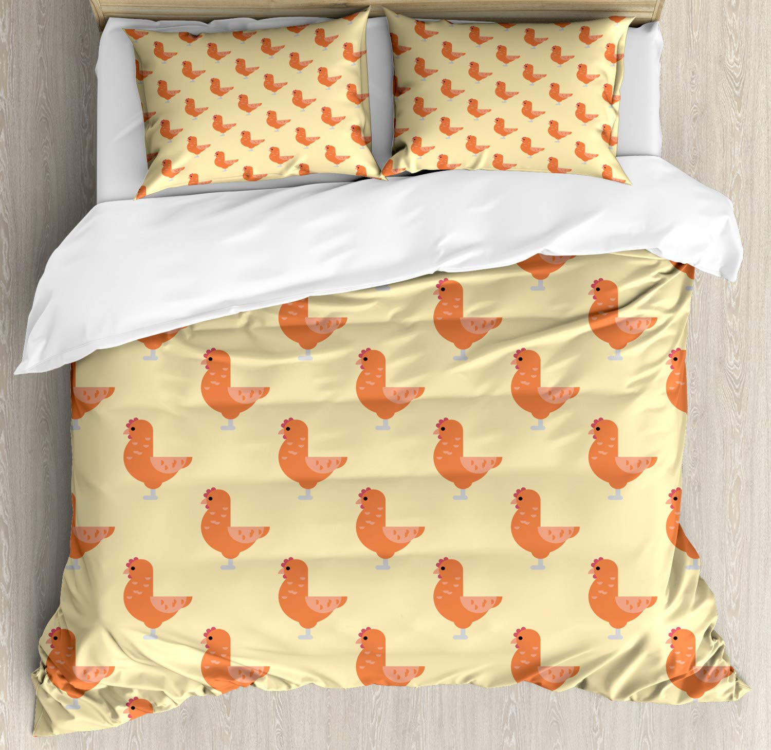 Ambesonne King Size Chicken Duvet Cover Set - Farm Animal Bird Pattern Symmetric Design, 3 Piece Bedding with 2 Pillow Shams, Yellow Salmon - Perfect for Farmhouse, Country Style Bedroom Decor & Cozy Farm Theme Home