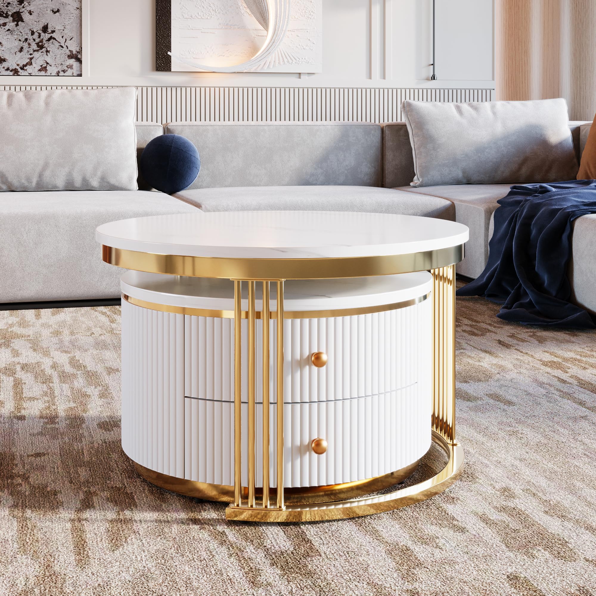Modern Round Nesting Coffee Table Set of 2 with Storage Drawers - Gold & White Accent Living Room Furniture for Small Spaces, Apartments | Perfect for Coffee Serving, Magazine Storage & Home Decor
