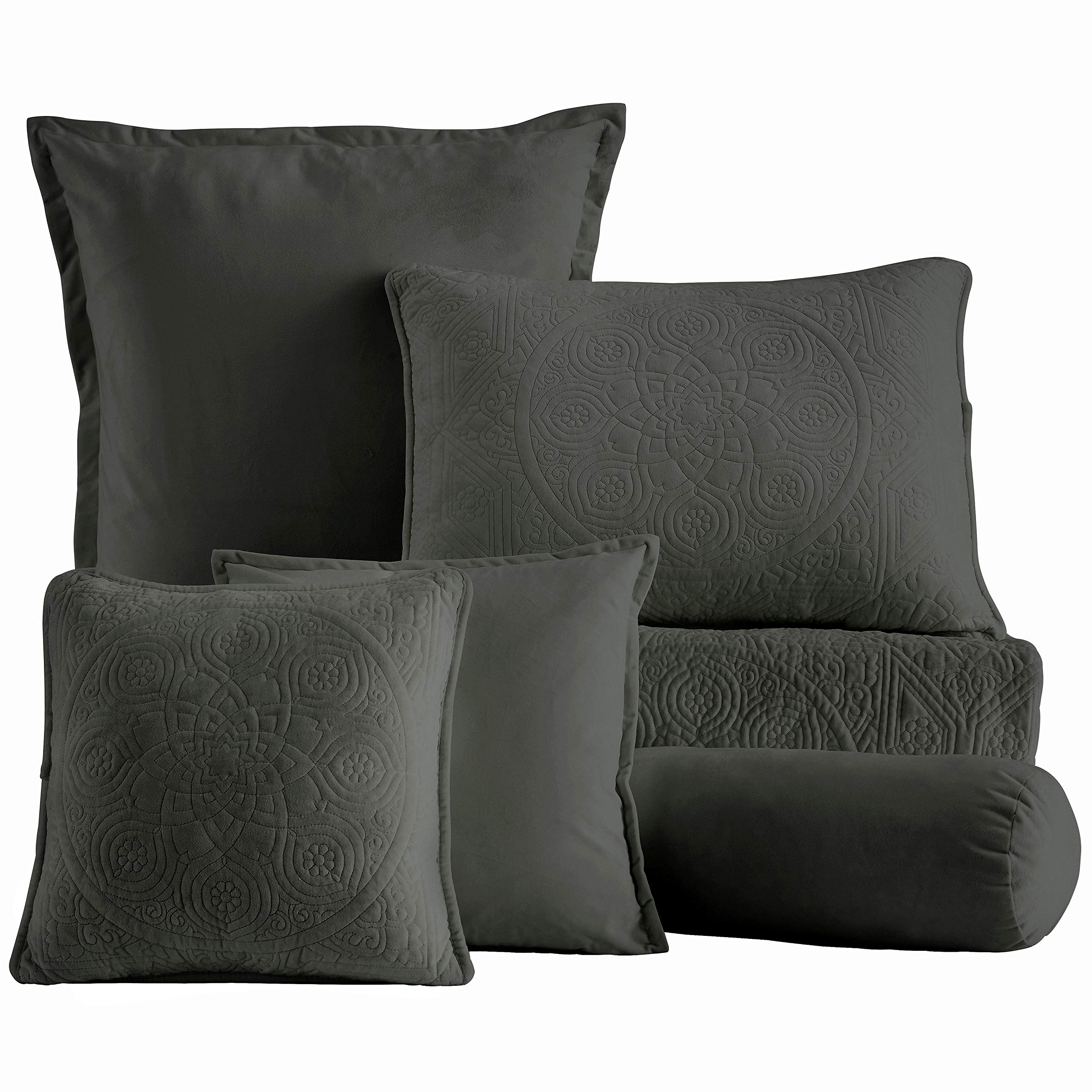 Luxury Velvet Quilt Set 7-Piece King Size - Premium Heavyweight Velvet Bedding with Cotton Backing & Batting - Dark Gray Comforter Set for Master Bedroom Elegance