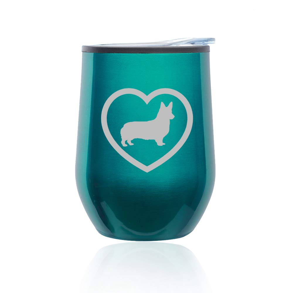 Stemless Wine Tumbler with Lid - 16oz Glass Coffee Travel Mug for Hot & Cold Drinks - Corgi Heart Design in Turquoise Teal - Perfect for Home, Office, Picnics & Gifts
