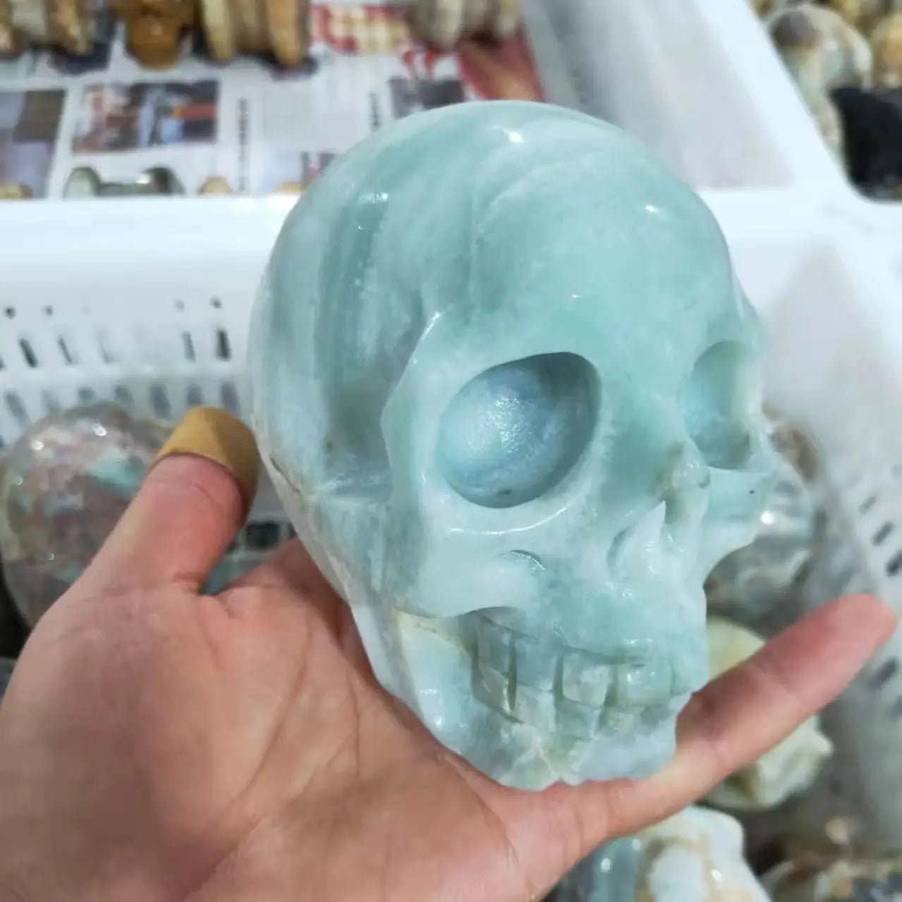 Natural Sky Blue Calcite Quartz Crystal Hand Carved Skull - 500-700g Healing Stone for Reiki, Meditation & Home Decor - Unique Spiritual Decor for Altars, Offices & Gift Giving