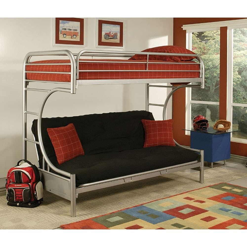 HABITRIO Twin Over Futon Bunk Bed - Metal Frame with 2 Ladders & Safety Rail | Convertible Twin/Full Size Bed & Sofa | Space-Saving Kids & Teens Bedroom Furniture (Silver) | Perfect for Small Rooms, Guest Beds & Multi-Functional Living Spaces