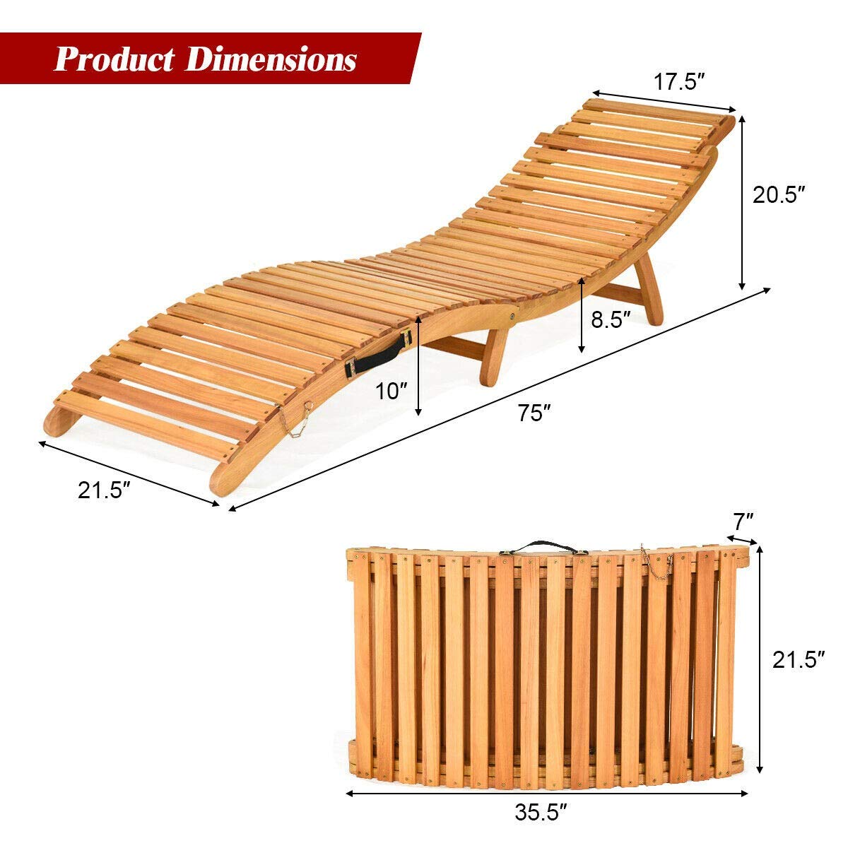 Folding Chaise Lounge Chair with Adjustable Headrest - Outdoor Patio Wooden Bench with Double-Sided Cushion - Perfect for Garden, Lawn, Backyard & Poolside Relaxation