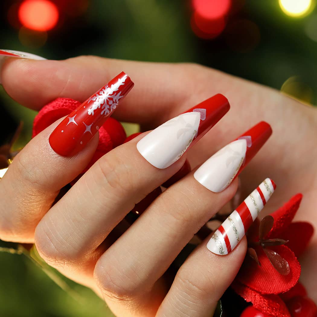 Uranian Christmas Press on Nails - 24pcs Long Red Coffin Fake Nails with Snowflake, Stripes & Santa Claus Designs | Glossy Glitter Stick on Nails for Women & Girls | Full Cover French Tip Acrylic Nails for Holiday Parties, Gift Giving & Festive Nail Art