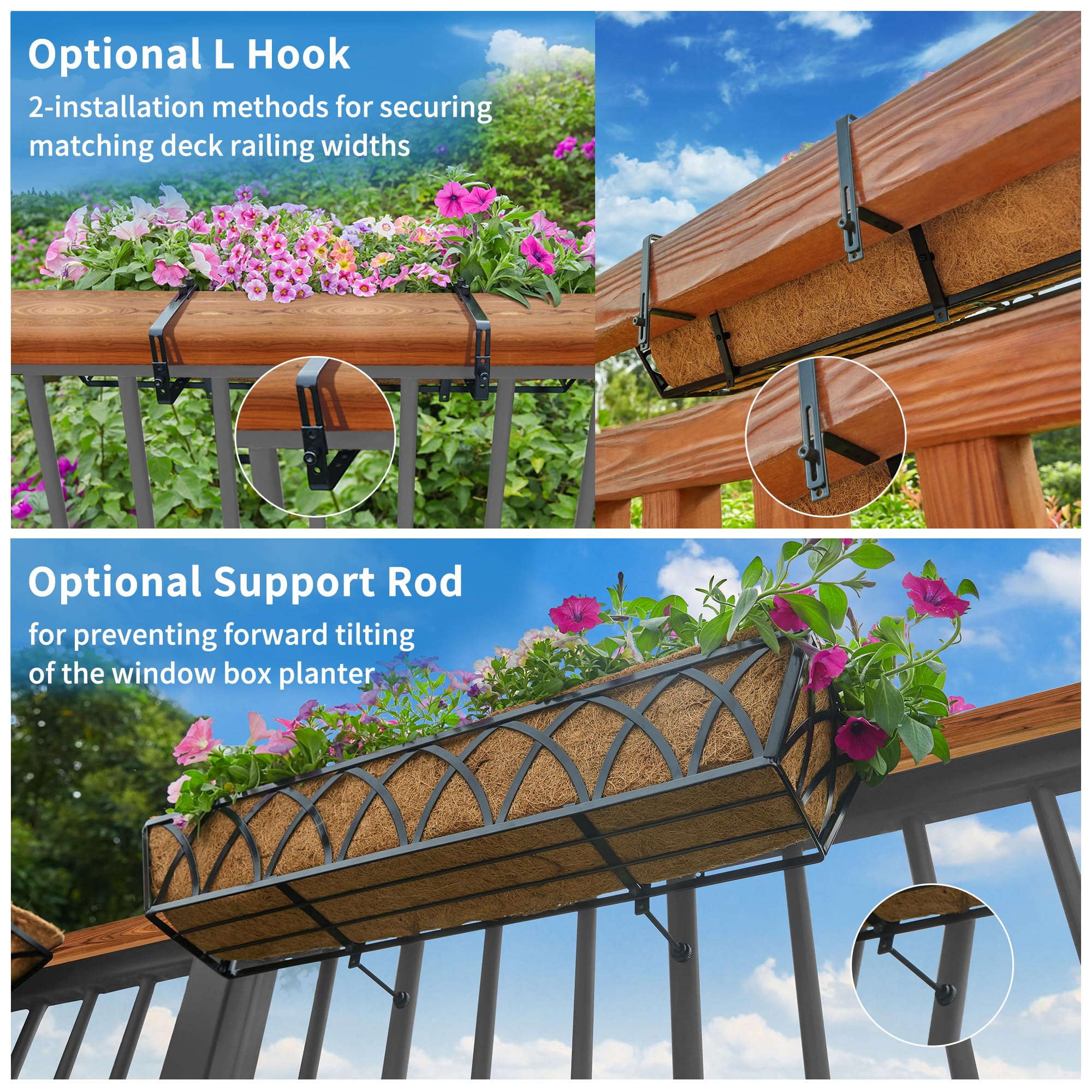 24 Inch Window Deck Planter Box with Coco Liner - 4 Pack Metal Hanging Flower Basket for Outdoor Garden, Lawn & Fence Decor - Perfect for Railing, Deck & Window Box Gardening