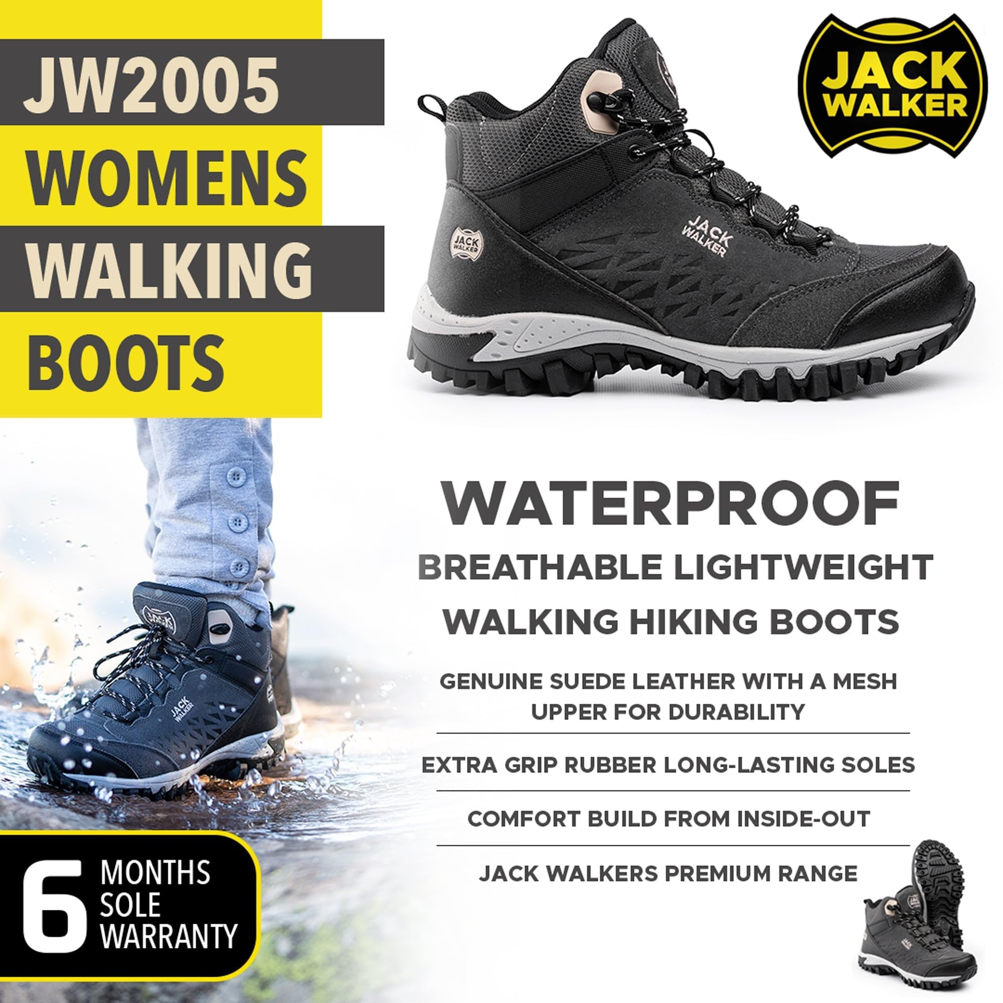 Jack Walker Women's JW2005 Hydroguard Waterproof Hiking Boots - Lightweight Trekking & Walking Shoes for Outdoor Adventures, Trail Hiking & Camping