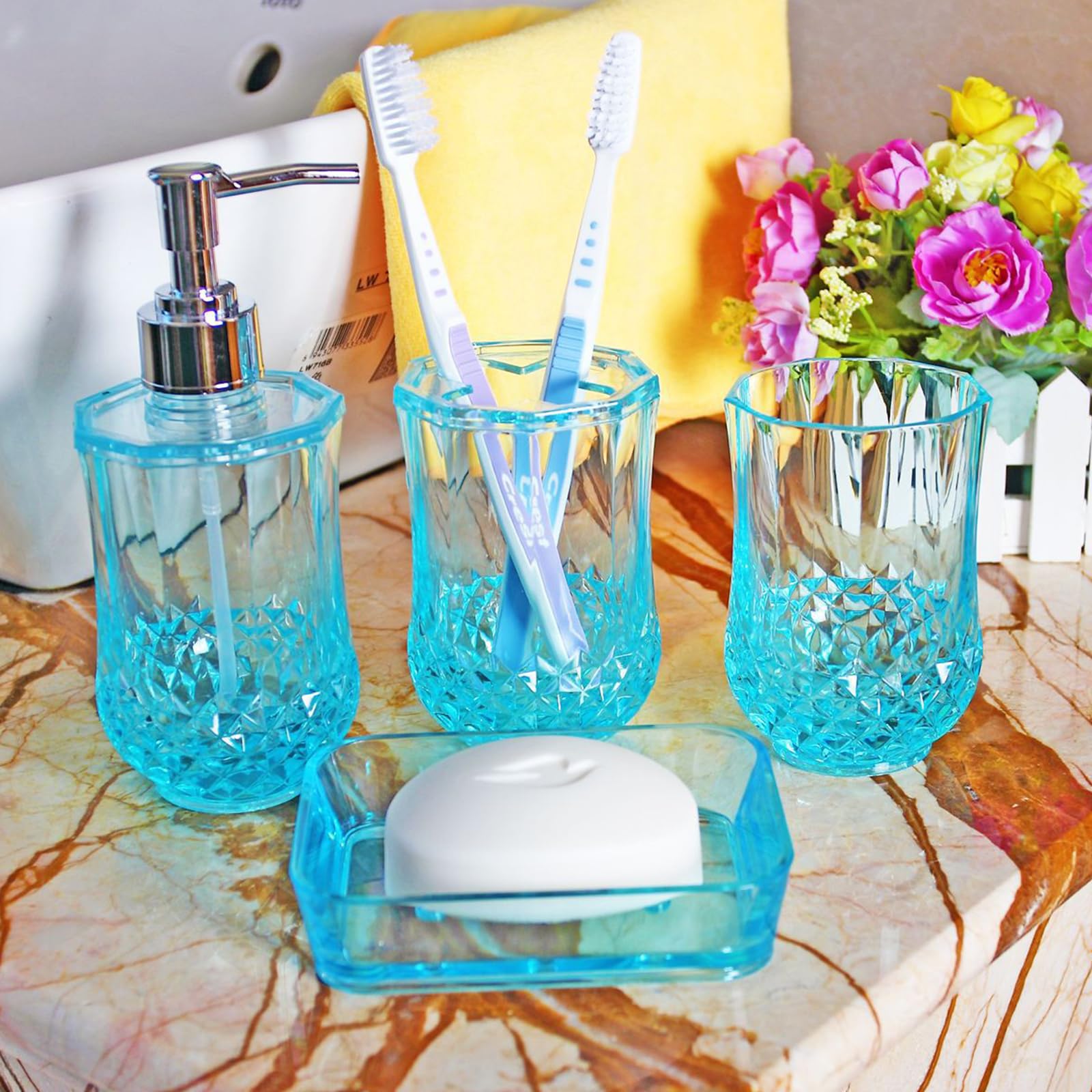 Acrylic Plastic Bathroom Accessories Set - Soap Dispenser, Toothbrush Holder, Cup & Soap Dish (4-Piece, Blue) | Modern & Durable for Home, Apartment, Hotel