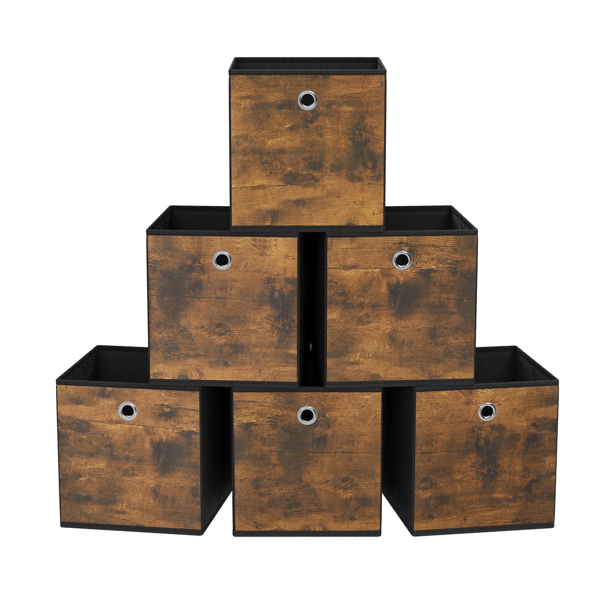 SONGMICS 6-Pack Storage Cubes with Handles, 13x13x13 Inch Foldable Fabric Storage Bins for Closet, Nursery & Office Organization - Rustic Brown & Black (URFB133B01) | Perfect for Shelving Units & Underbed Storage