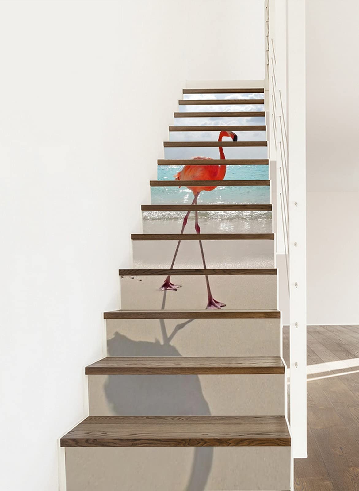 3D Self-Adhesive Removable Flamingo Stair Decals - Tropical Beach & Ocean Vinyl Stickers for Stairs, Kitchen Tiles & Walls (13-Piece Set) - Perfect for Home Decor, Nursery, Bathroom & Coastal Theme Interiors