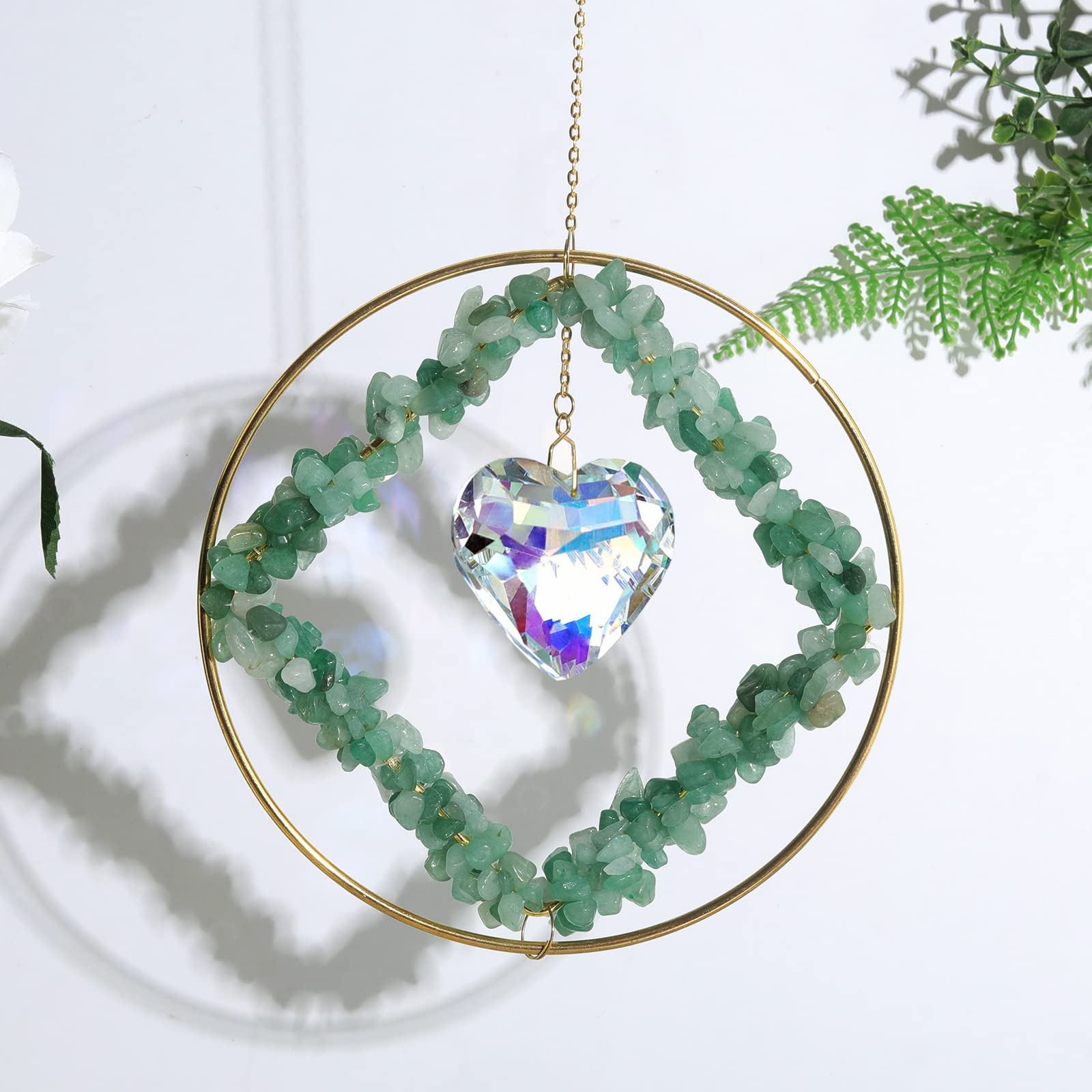 Natural Green Stone Suncatcher Crystal Heart Prism - Rainbow Maker Window Hanging Decor for Home, Garden & Office - Unique Gift for Birthday, Wedding & Housewarming
