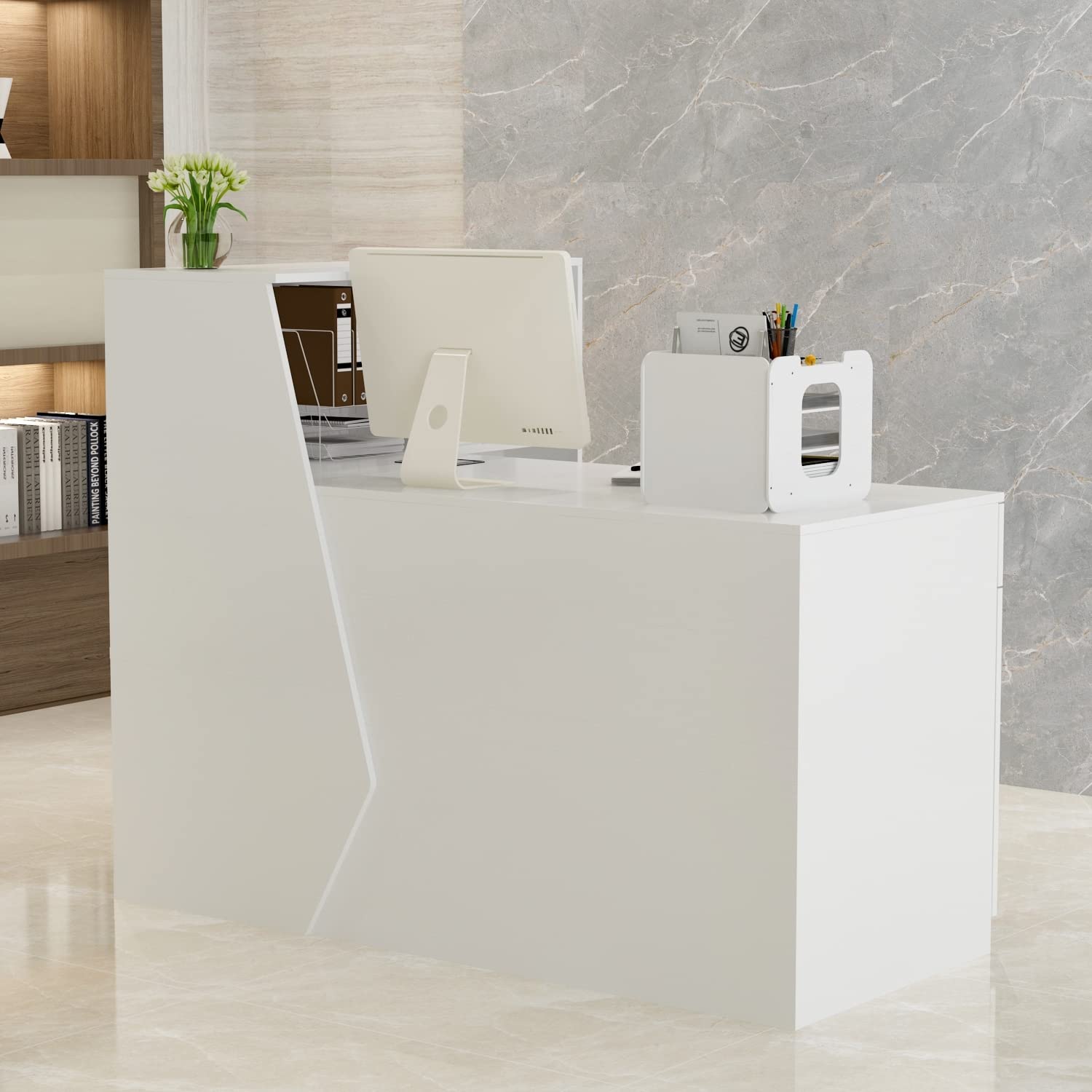 Kerrogee L-Shape Reception Desk - Modern Laminate Office Computer Workstation for Home & Business Use - Perfect for Reception Areas, Home Offices, and Workspaces