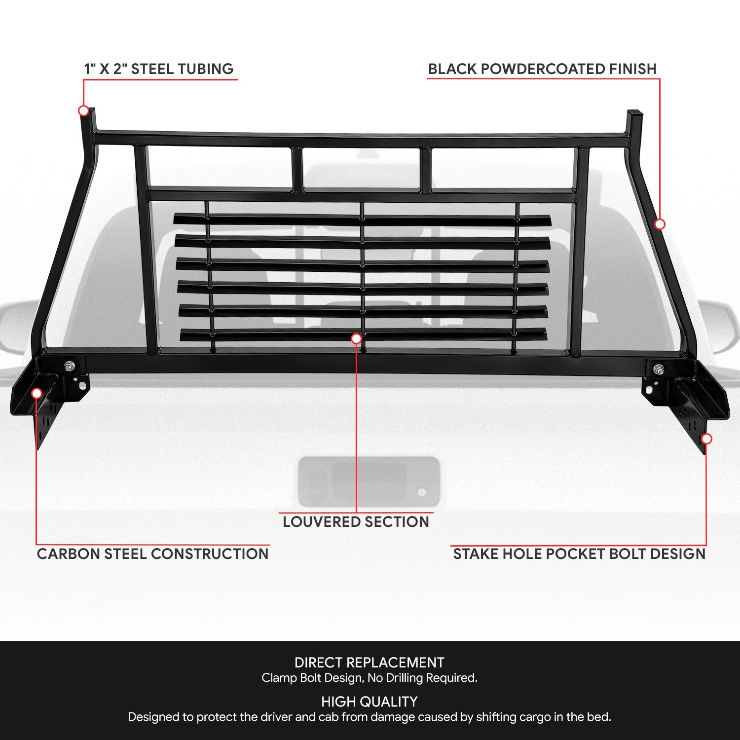 1 X 2 Inch Steel Tubing Headache Rack for 2005-2023 Toyota Tacoma Pickup Truck - Heavy Duty Rear Window Protection for Off-Road & Work Trucks