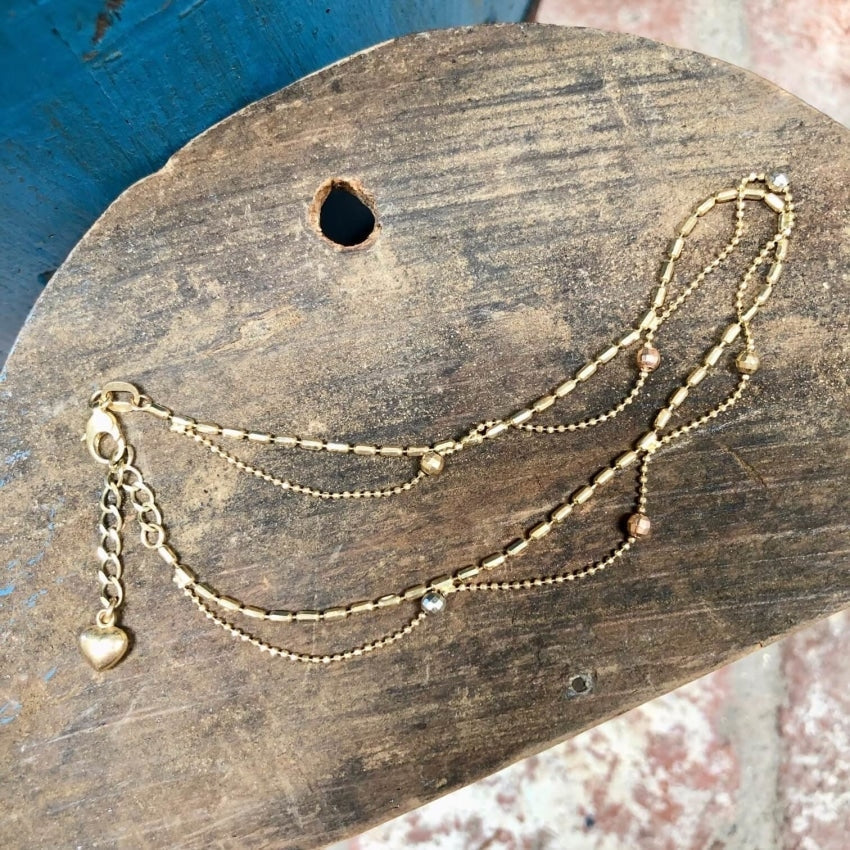 Vintage 14k Yellow Gold Anklet with Puffy Heart Charm - Elegant Ankle Bracelet for Women, Perfect for Beach, Summer & Special Occasions