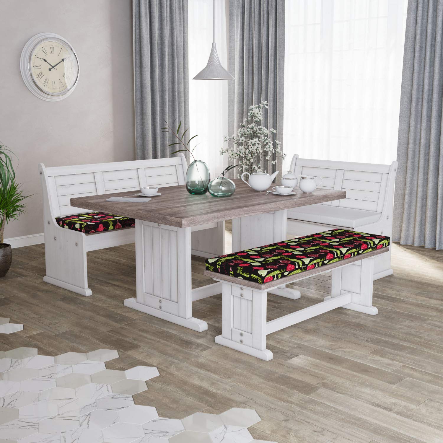 Ambesonne 2-Piece Vegetable Bench Cushion Set - Onion, Pepper & Garlic Print on Dark Background with Heart Dashes - 45