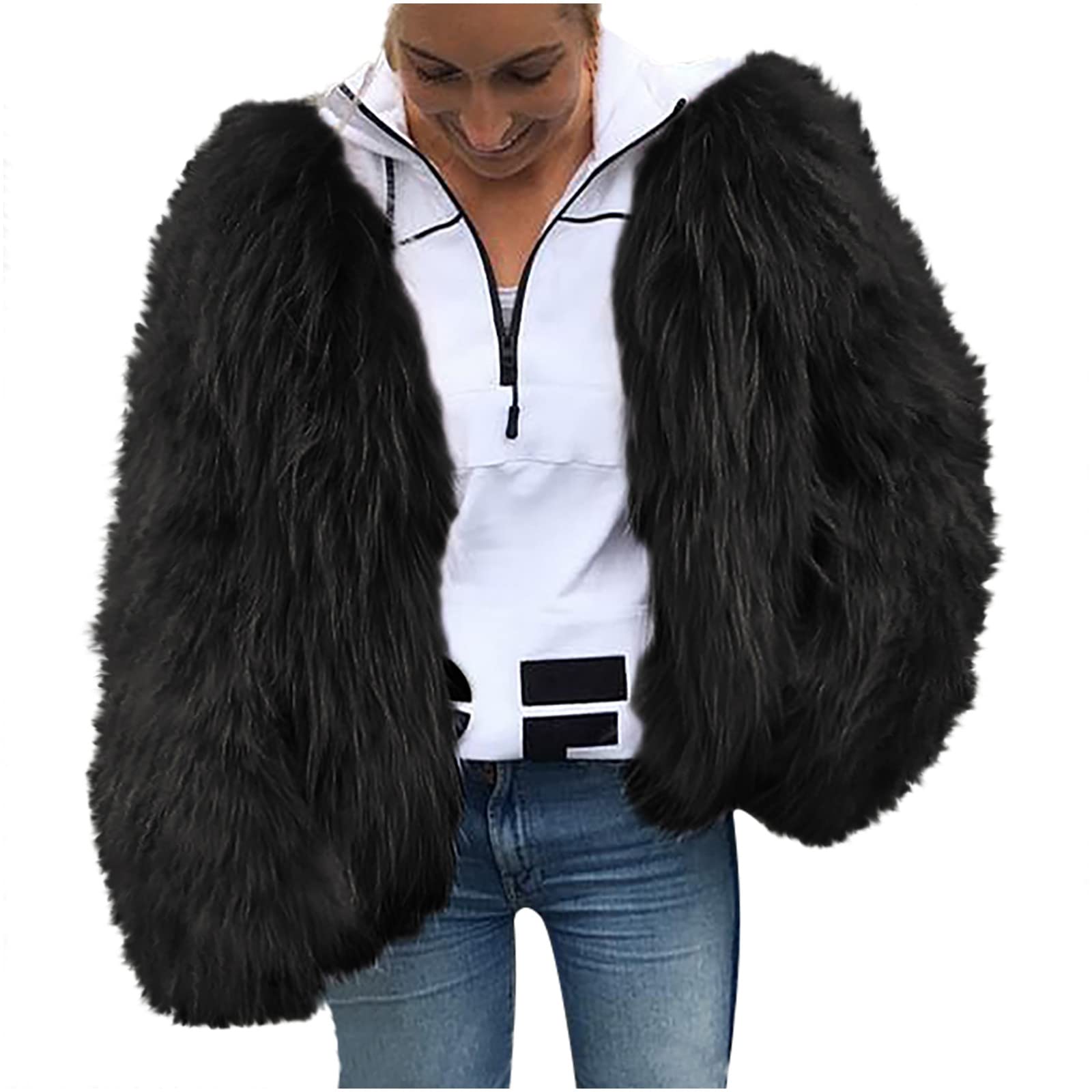 Women's Plus Size Faux Fur Cropped Jacket - Lightweight Plush Warm Cardigan Coat for Winter Outerwear | Perfect for Casual Outings, Office Wear & Holiday Parties