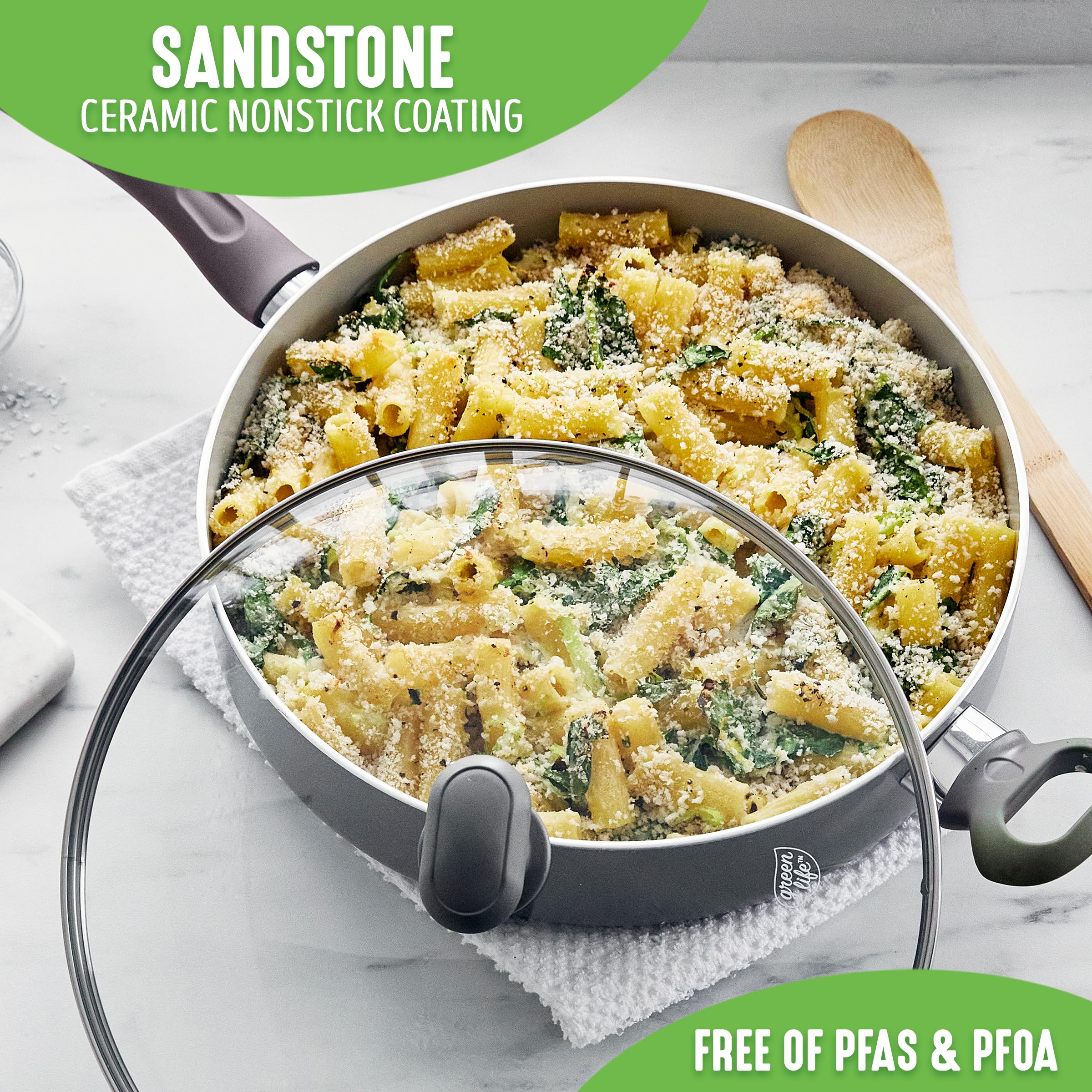 GreenLife Sandstone Healthy Ceramic Nonstick 5 Quart Saute Pan - PFAS-Free, Dishwasher Safe, Oven Safe to 450°F, Gray - Perfect for Sauteing, Frying & Everyday Cooking
