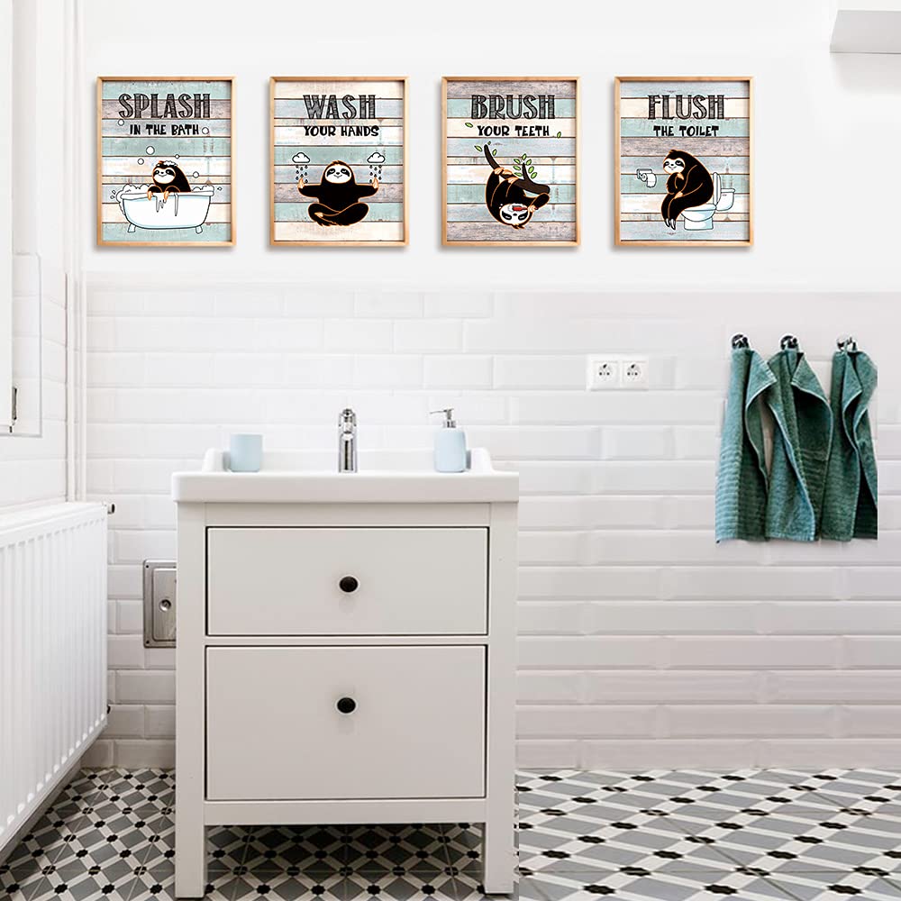 Sloth Wall Art Decor - 4 Set 8”x10” Unframed Rustic Bathroom Posters for Kids & Sloth Lovers - Inspirational Wash Brush Flush Nursery Decor - Perfect for Bathrooms, Playrooms & Kids' Bedrooms
