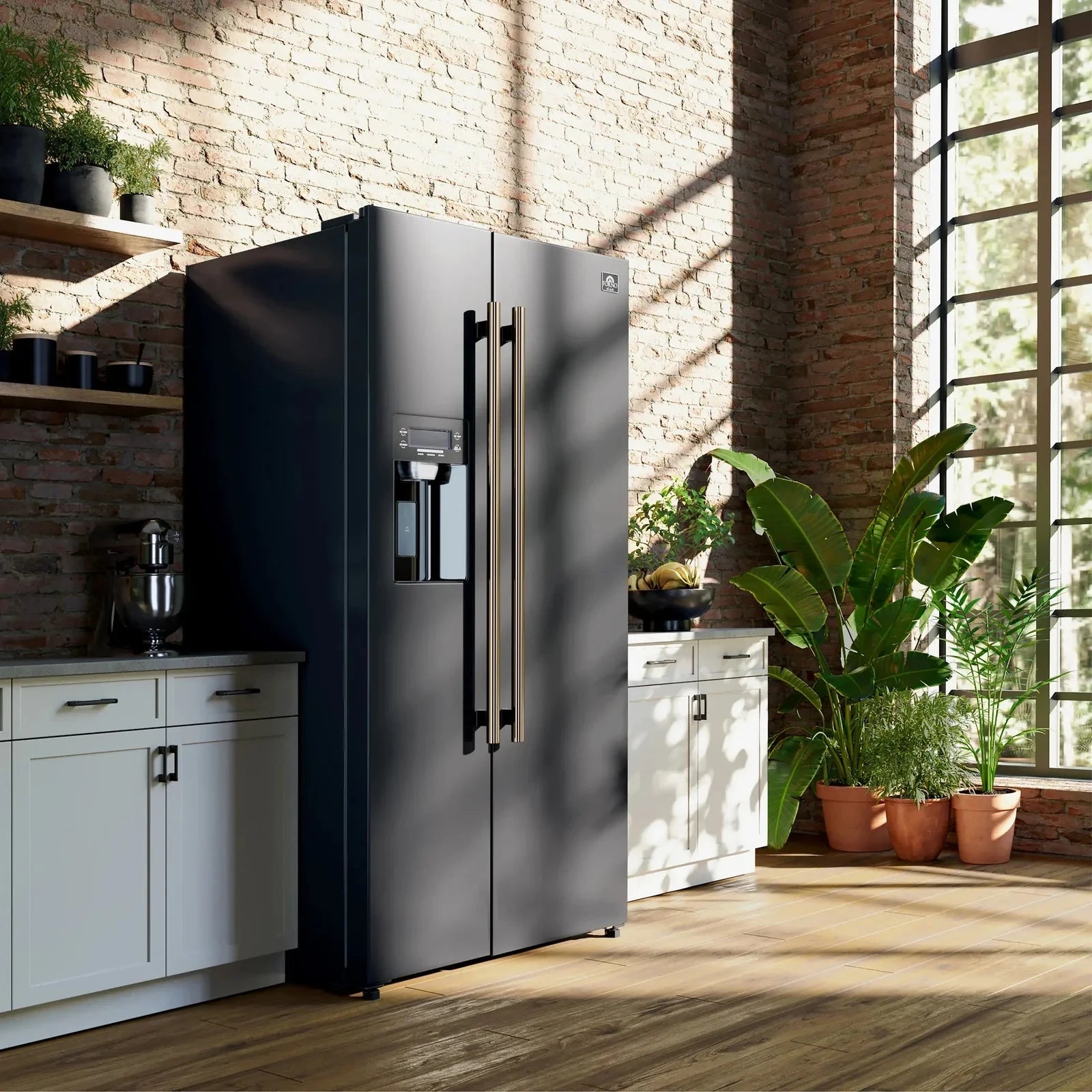 **Forno Espresso Salerno 36-Inch Side by Side Refrigerator with Water Dispenser - Black Finish & Antique Brass Handle (Model FFRBI1844 36BLK) - Perfect for Modern Kitchens & Entertaining**